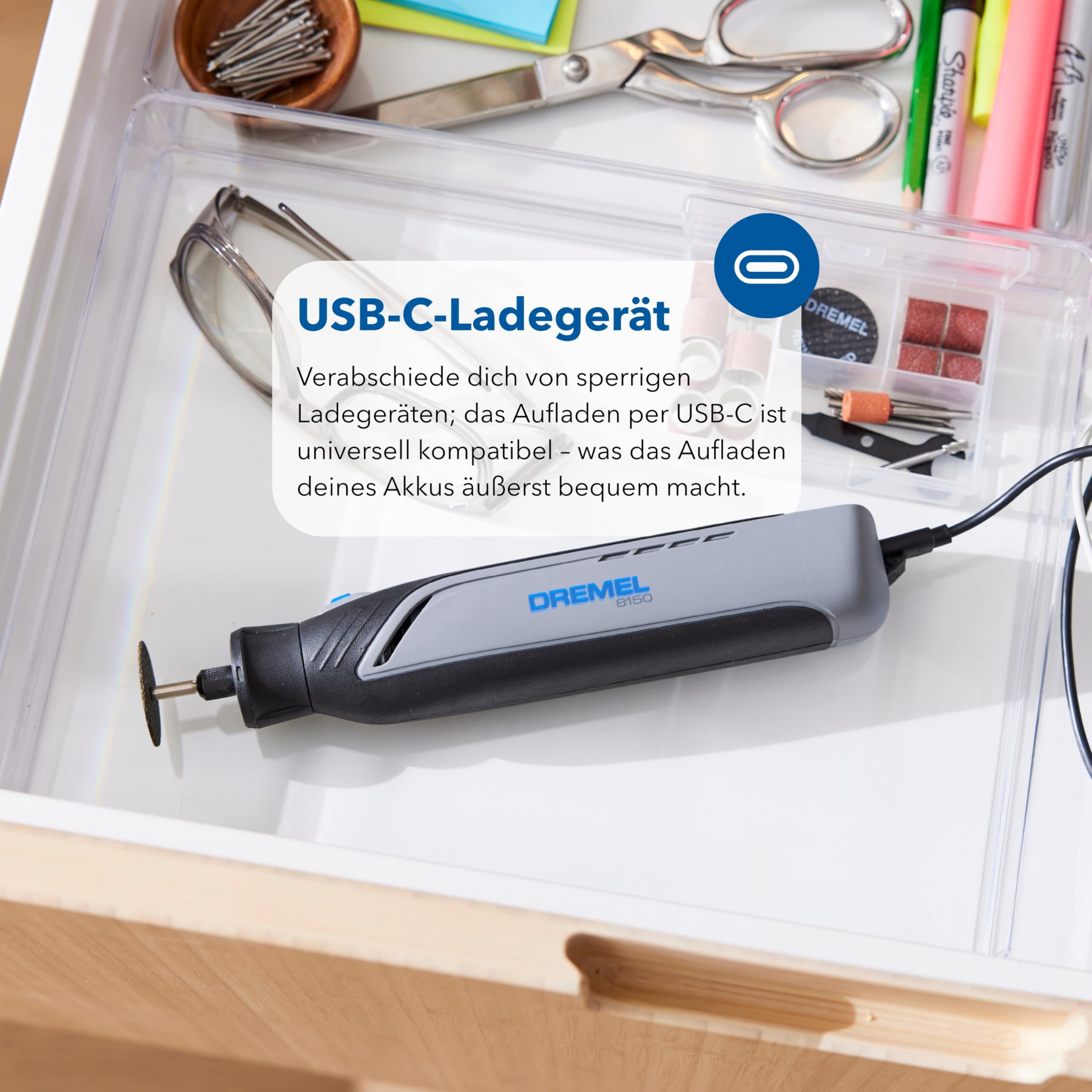 Dremel 8150 Bürstenloses Akku-Multitool-Set, 7,2V 2Ah per USB-C aufladbarer Akku, 20 Zubehöre, Variable Drehzahl von 5.000 bis 30.000 U/min, LED-Frontlicht, Schneiden, Schärfen, Schnitzen, Schleifen