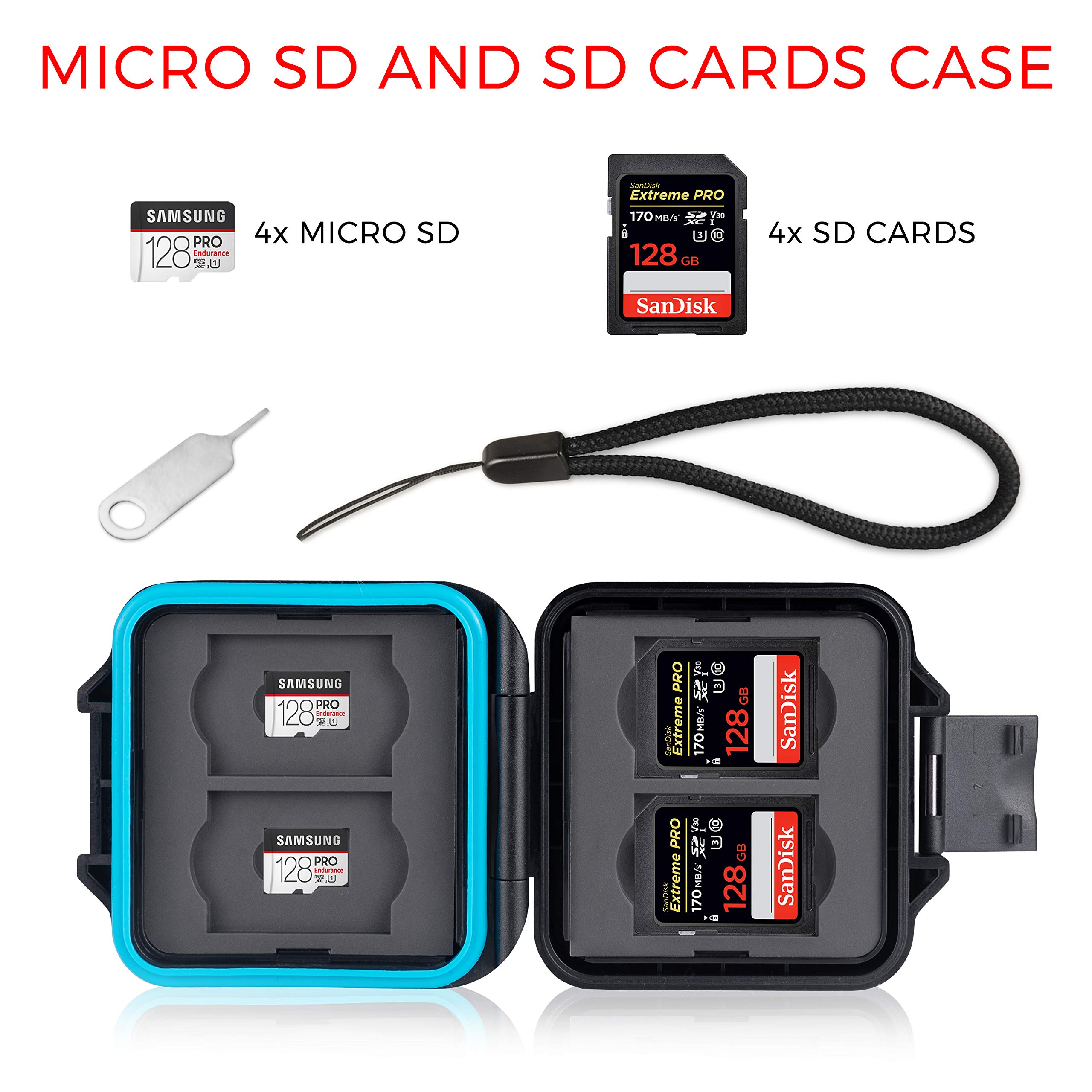 Custodia protettiva per scheda di memoria • Memory Card Case • Custodia per scheda per 4 x schede SD e 4 x micro SD e schede SIM • Include cavo per il trasporto e ago sim