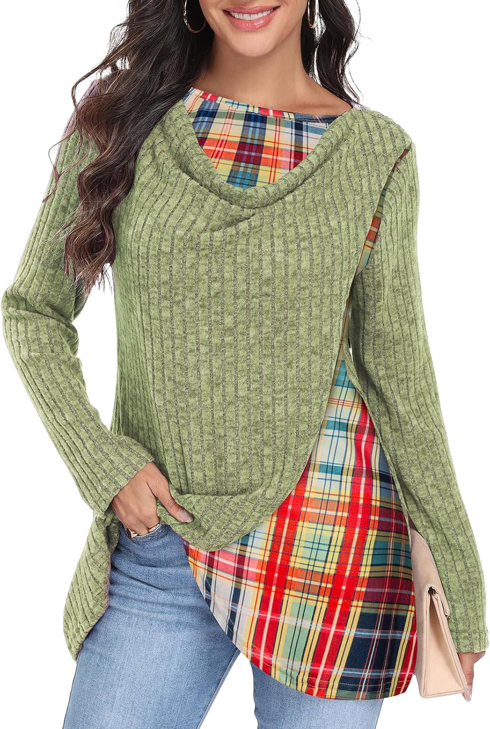 Miusey Women's Cowl Neck Tunic Sweater Long Sleeve Knit Pullover with Plaid Patchwork for Fall Winter Casual & Christmas Wear - Image 4