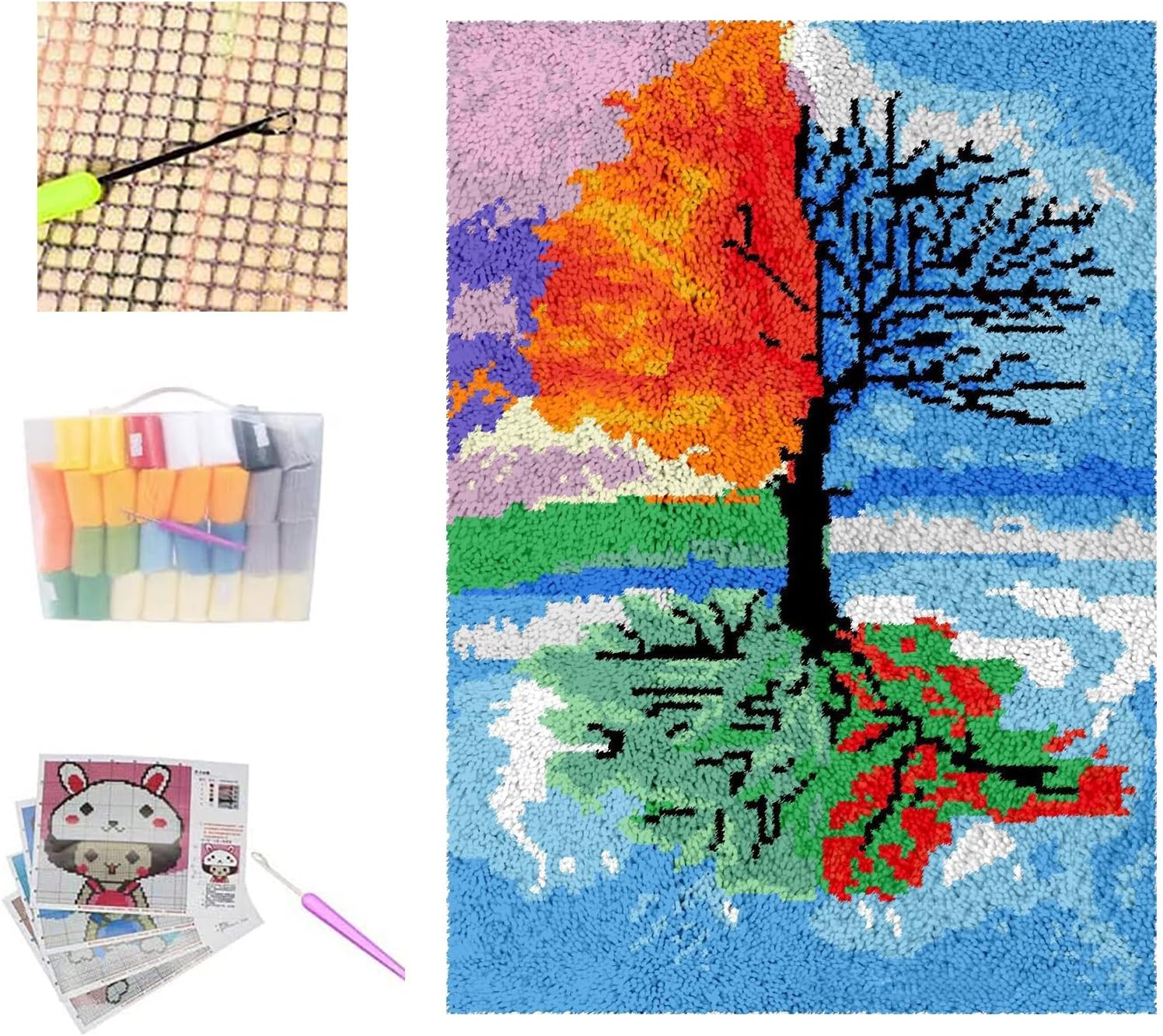 Latch Hook Rug Kit Carpet Tapestry with Crochet/Colorful Pre-Printed Mesh Embroidery Needlework DIY Yarn Hooking Craft for Adult Kid Crocheting Parent-Child Interaction Gift (G 80 * 115cm)