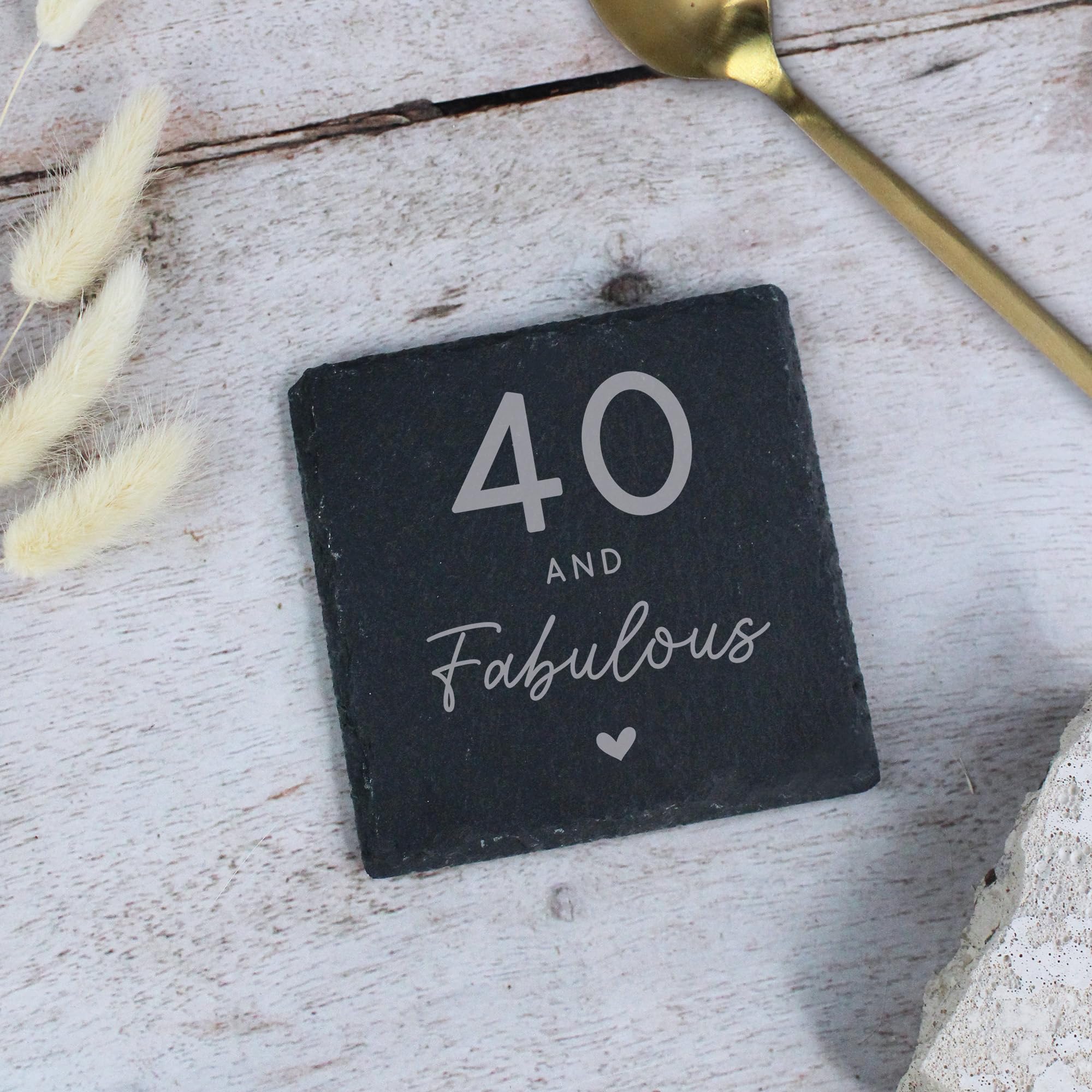eBuyGB Laser Engraved Square Slate Coaster, 40 & Fabulous Milestone Birthday, 40th Birthday Gift for Her, Mum, Auntie, Friend, Wife, Drinks Coaster