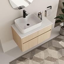 32 Inch Bathroom Vanity with Vessel Sink, 32" Floating Vanity, Wooden Cabinet with Luxury PVC Countertop and 1 Drawer, Modern Wall-Mounted Cabinet Set, 2 Soft Close Doors, Rectangle Ceramic Sink
