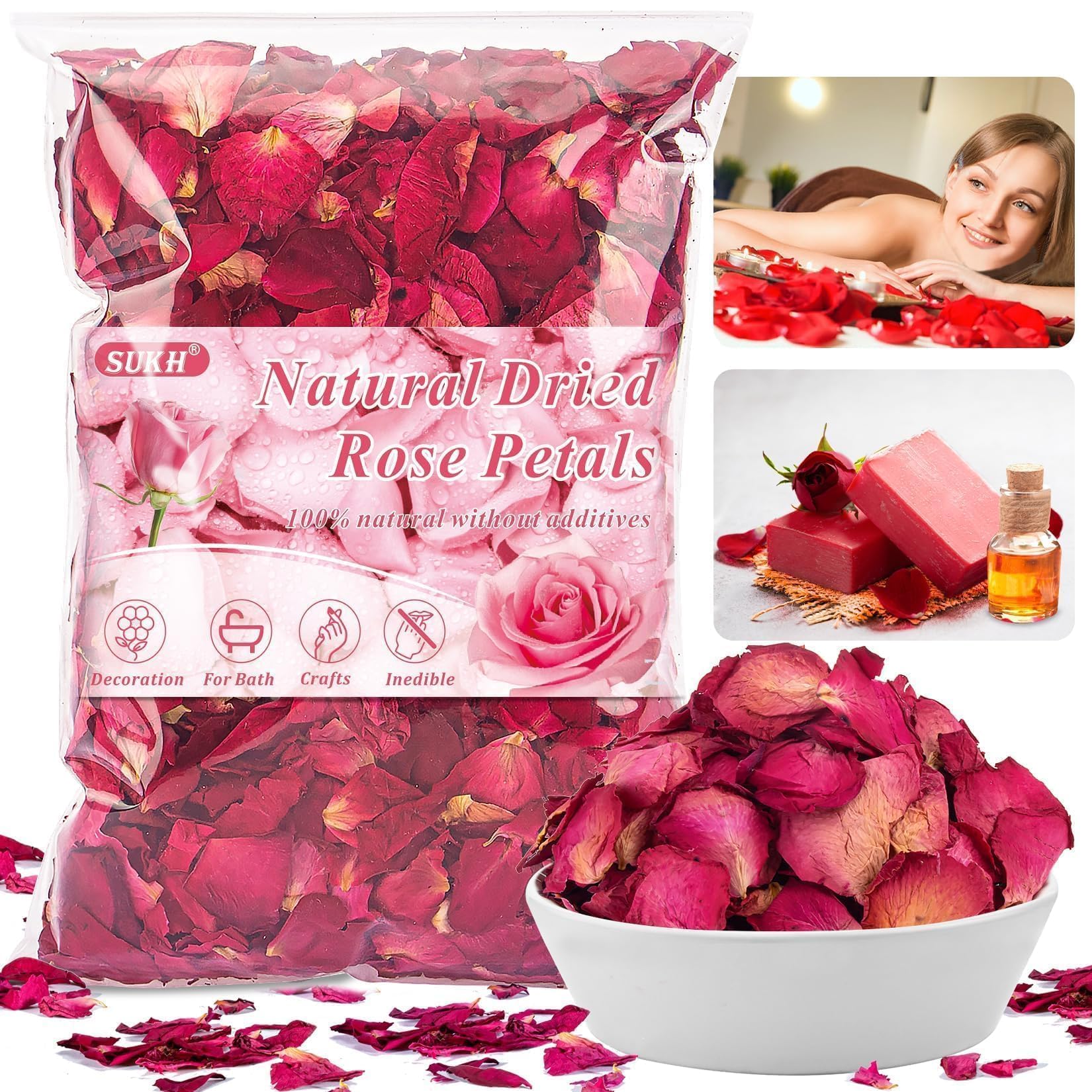 Sukh 5oz Dried Rose Petals, Real Flower Petals for Bath Spa, Soap & Candle Making, Wedding Confetti, Resin Crafts & Jewelry DIY Decorations, Valentine's Day Romance