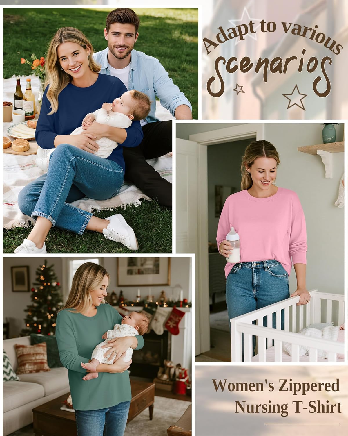 3 Pack Women's Nursing Breastfeeding Tops Long Sleeve Maternity Shirts Oversize Hidden Zipper Pregnancy Clothes