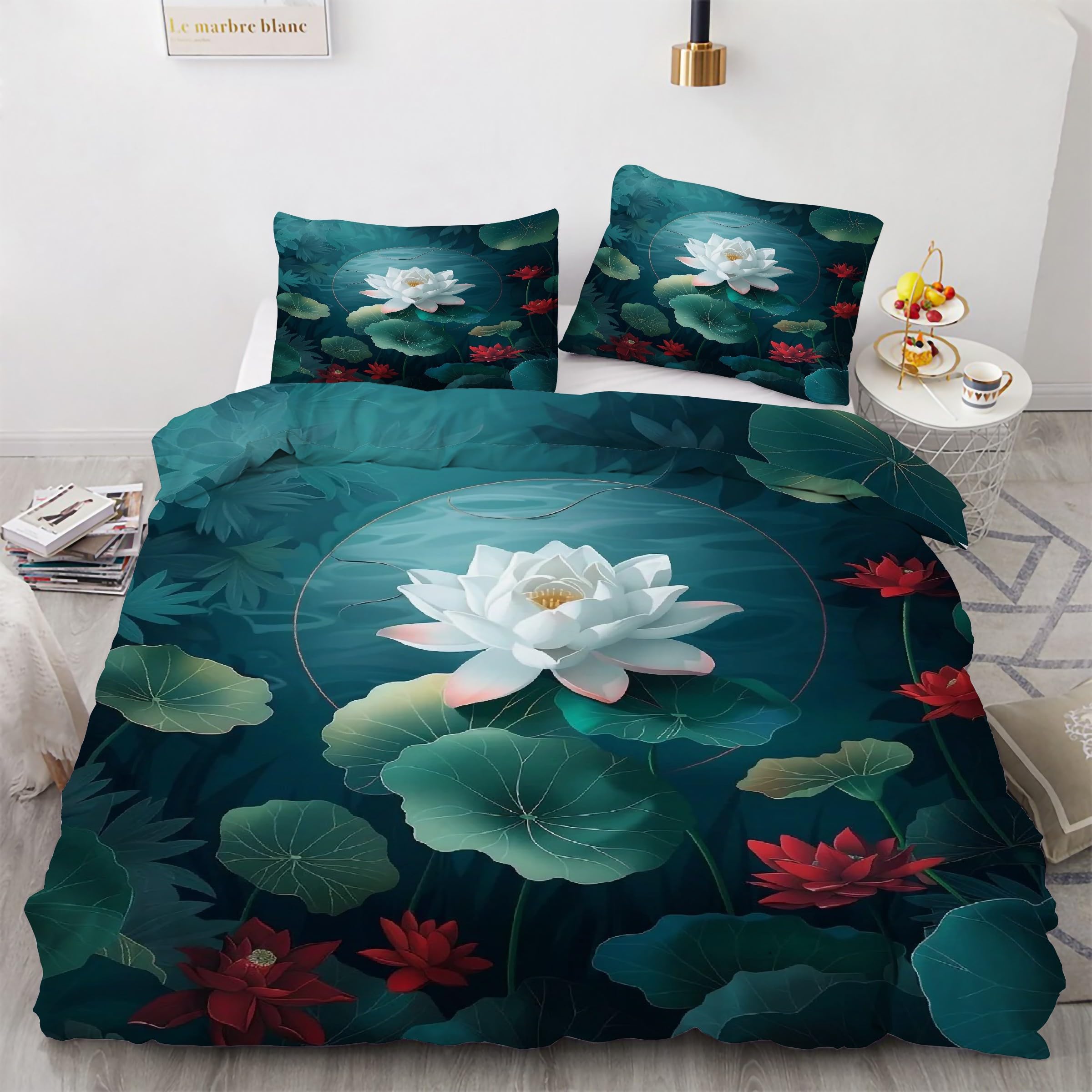 Housse de couette 160x200 lotus avec 2 taies d'oreiller en microfibre KG4995