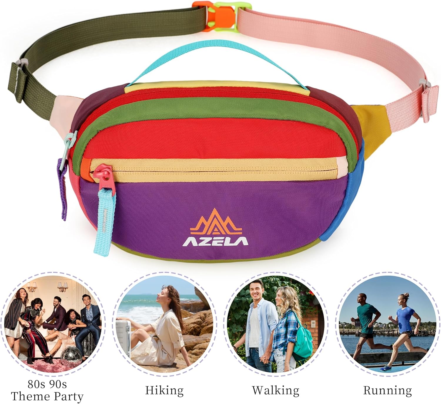 Retro Fanny Pack for Women Men Hiking Waist Packs 2 Pockets Color-blocking Belt Bags for Festival 80s 90s Theme Party Running Traveling (Purple) - Image 8