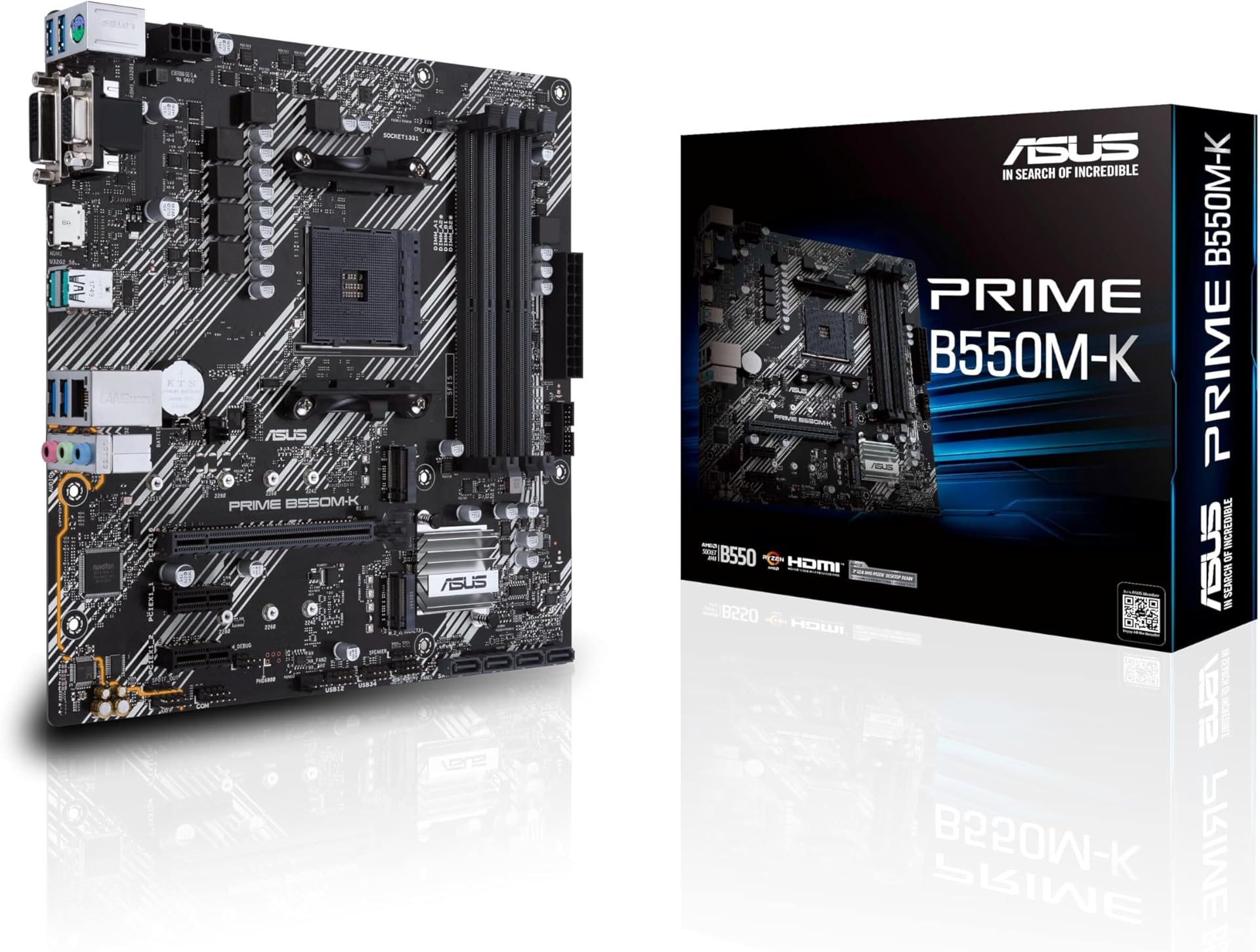 ASUS Prime B550M-K AMD B550 (Ryzen AM4), dual M.2, PCIe 4.0, DDR4 4400, 1 Gb Ethernet, HDMI/D-Sub/DVI, USB 3.2 Gen 2 Type-A, micro ATX