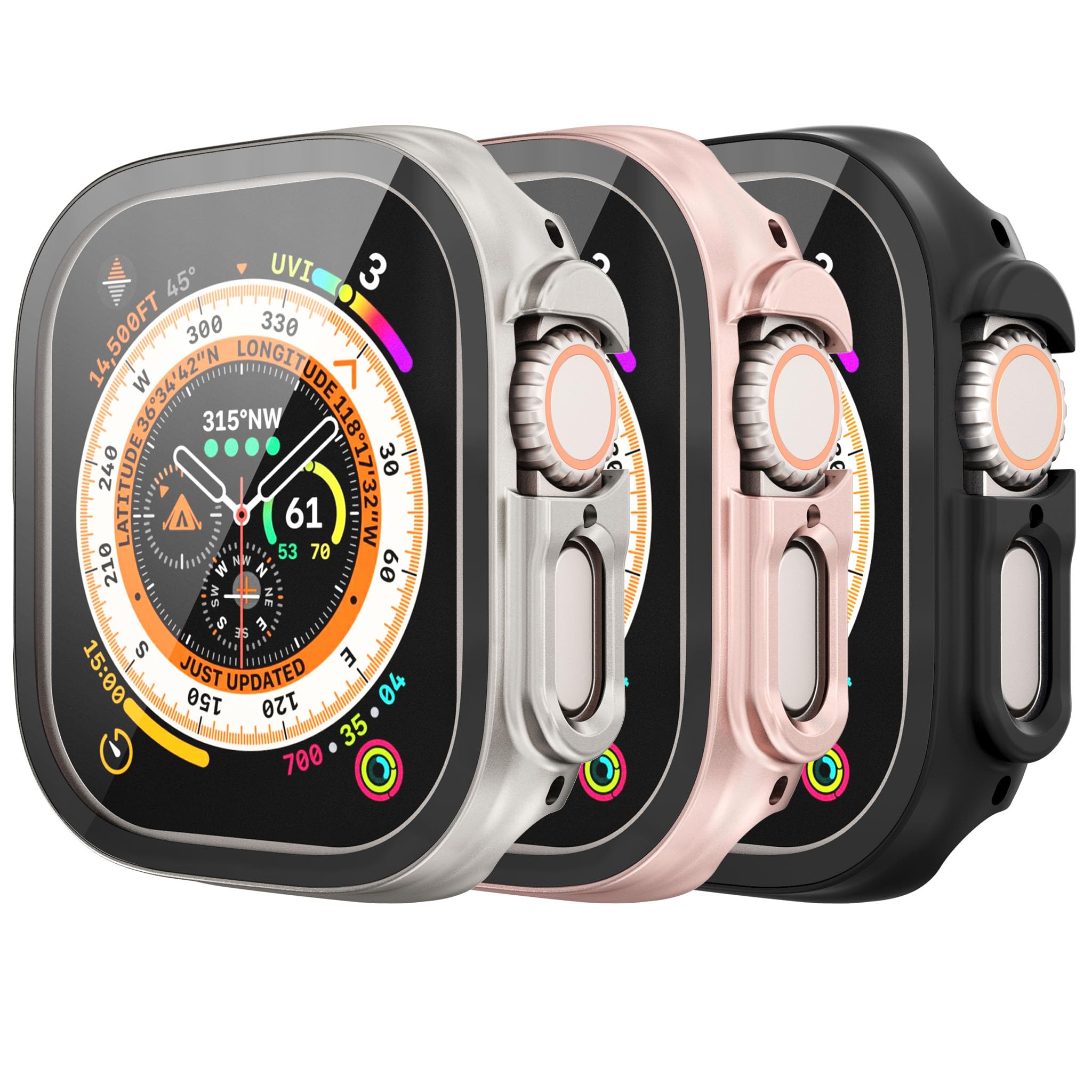 [3 Pack] Hard Case for Apple Watch 38/40/41/42/44/45/49mm Series 8/7/6/5/4/3/2/1/SE/Ultra with 9H Tempered Glass Screen Protector Cover (Black/Rose Gold/Titanium Alloy Gold, 49mm for Series Ultra)