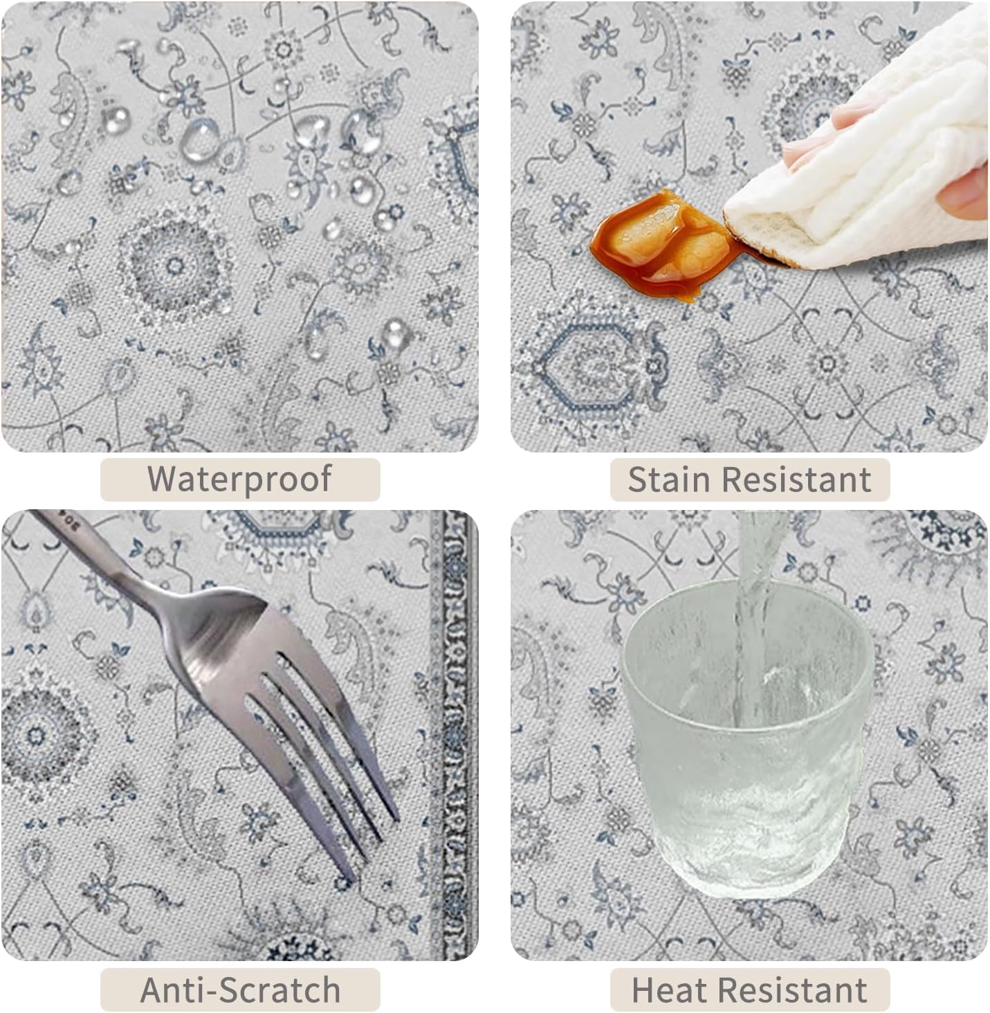 70x120inches Boho Floral Tablecloth Blue Flowers Printed Bohemian Pattern Rectangle Table Cloth Waterproof Stain Resistant Polyester Fabric Table Cover for Kitchen Dining Room Home Decor