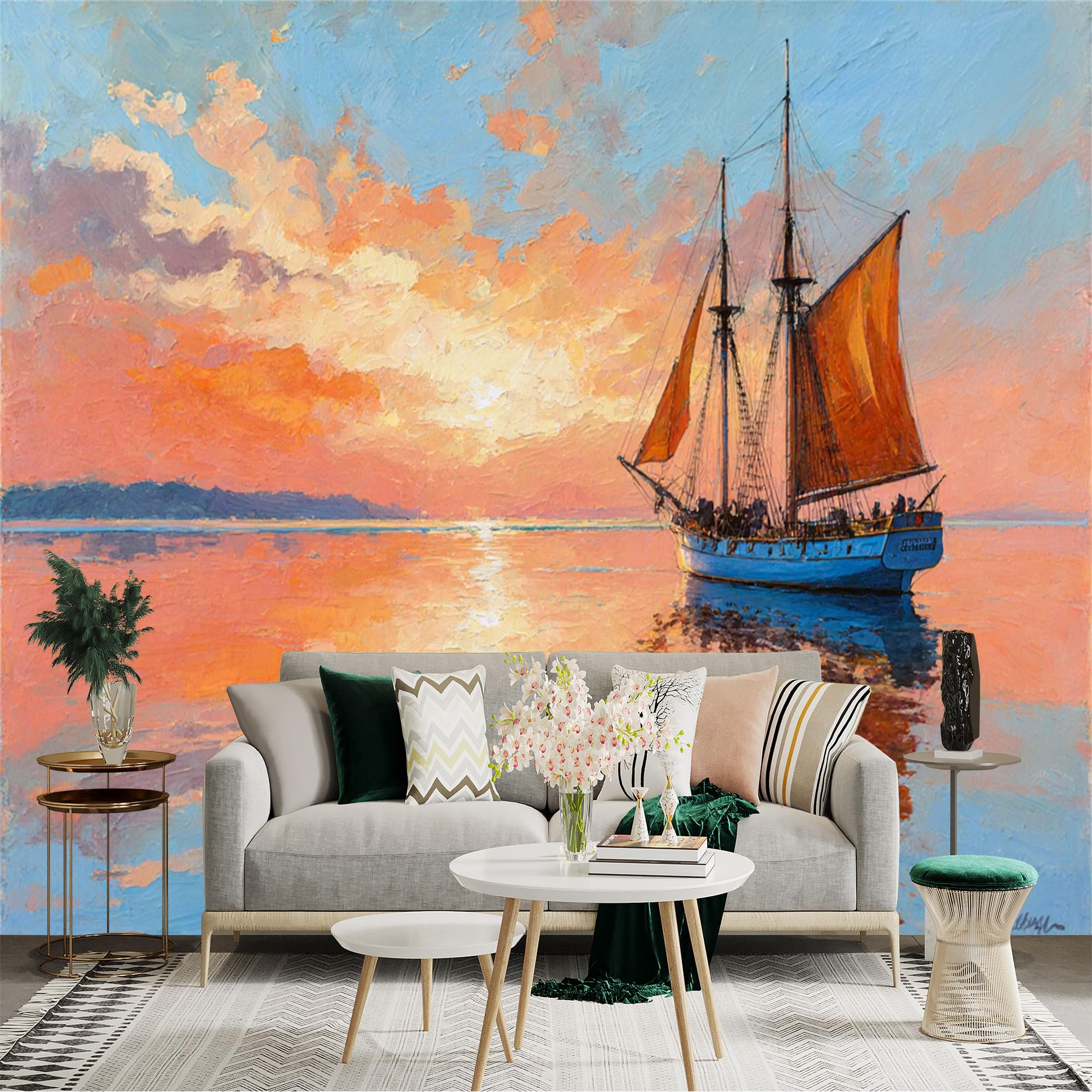 Custom Size Wall Sticker Mural， Sailing Ship on Sunset Sea with Vibrant Sky Reflection， for wall Decoration， peelandstick wall Decals.