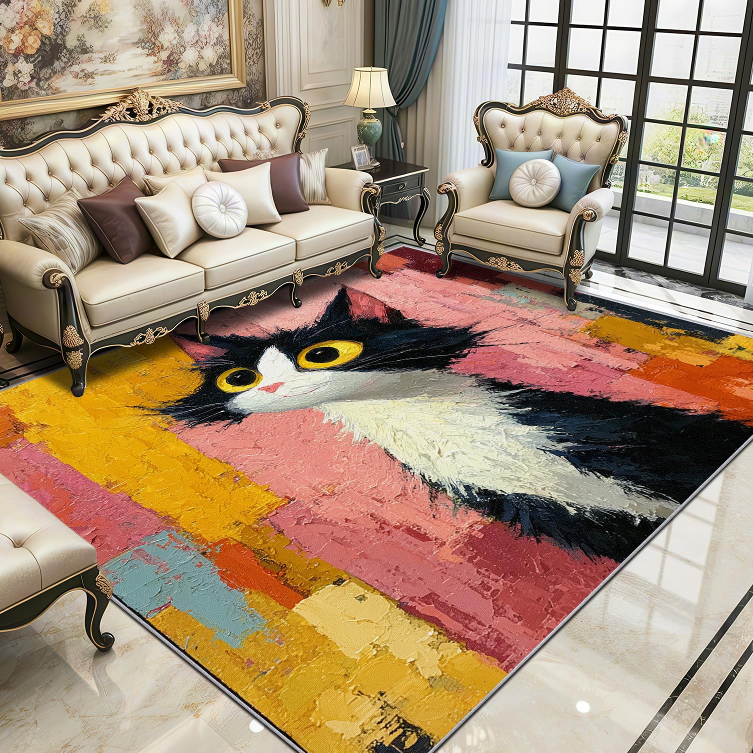 TerroVee Cat Rug - Colorful Cute Kitten Artistic Small Rugs for Bedroom 60x90, Pet Lover Oil Painting Floor Mat Soft Washable Non Slip Indoor Mats, Cat Room Decor