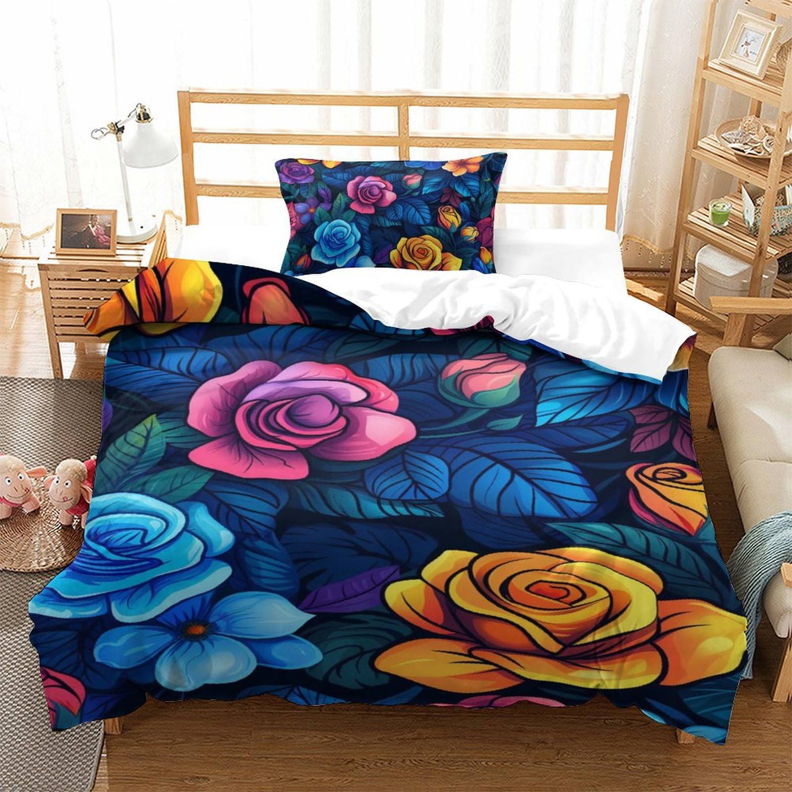 Housse de couette 3D roses microfibre douce respirante lit 1 place