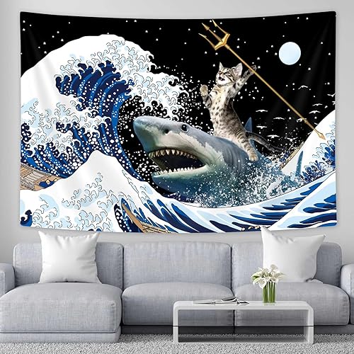 Miniatura 5 de SAOLUIS Tapiz divertido de gato, lindo tapiz de pared con forma de tiburón, tapiz de olas oceánicas, tapiz de arte japonés para dormitorio,