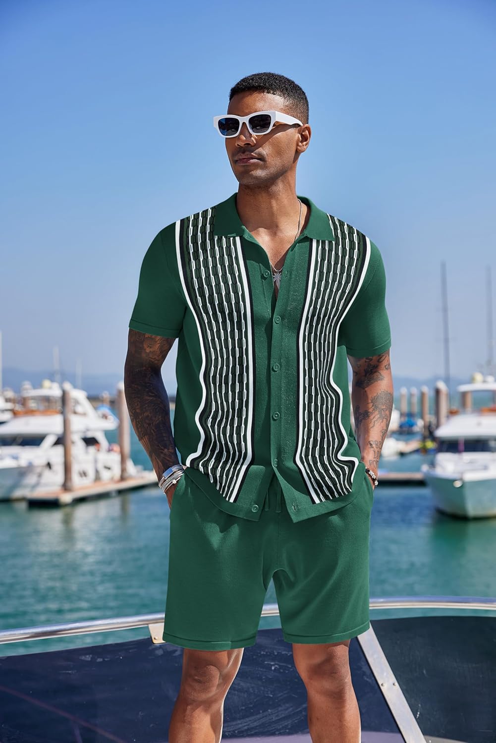 COOFANDY Men's 2 Piece Outfit Vintage Short Sleeve Button Down Knit Polo Shirts Casual Beach Shorts Sets - Image 7