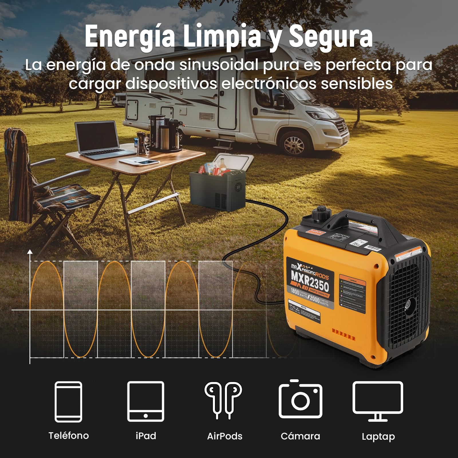 maXpeedingrods Generador Electrico Gasolina 2000W Generador Inverter Portátil con USB y Tomas de 230V, Pantalla Digital, Compacta y Ligera, para Camping Autocaravan