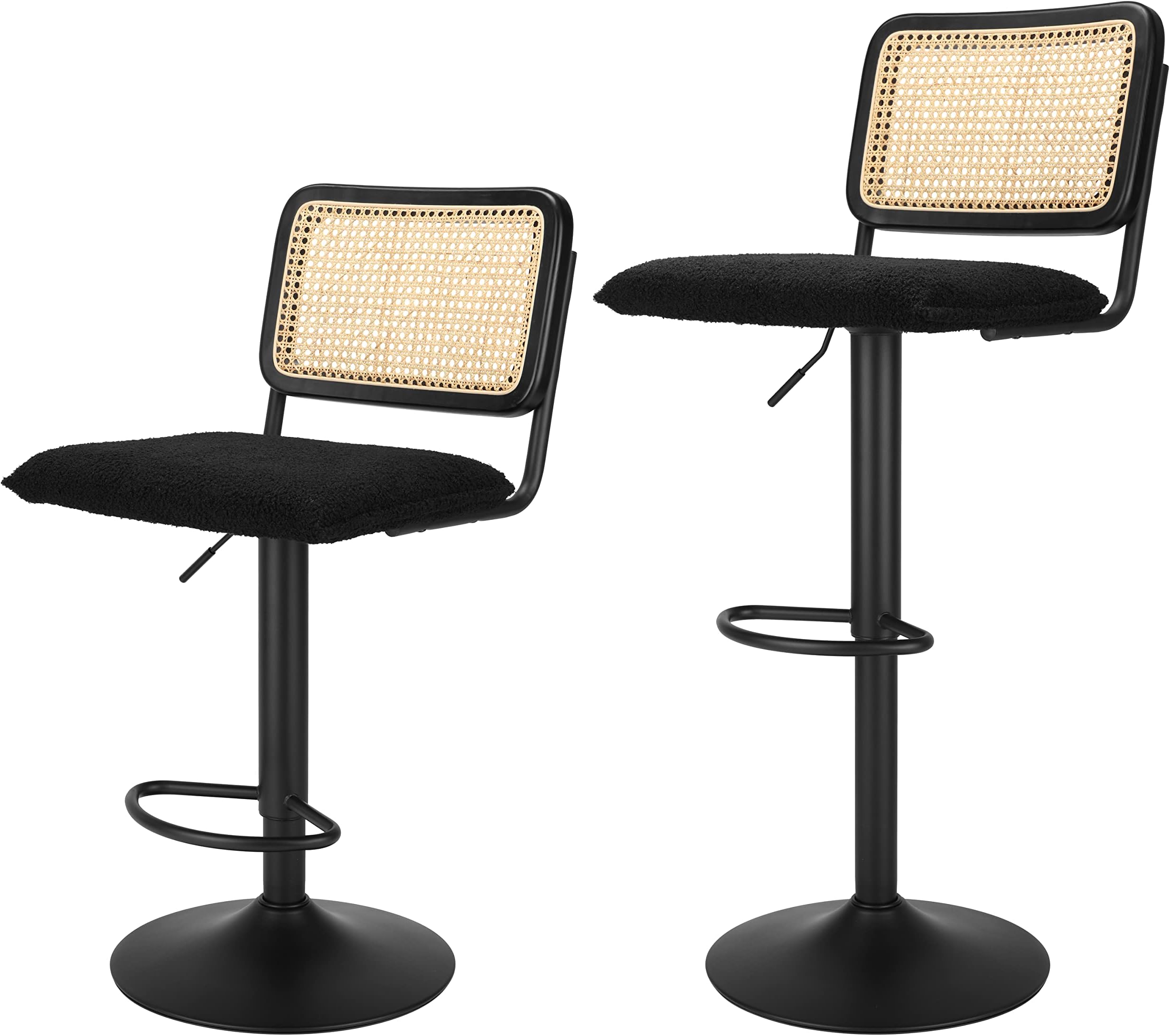 Modern Rattan Bar Stools Set of 2 - Natural Woven Design, Swivel Seat, Footrest, and Cane Backrest, Height Adjustable Bar Chairs for Kitchen Counter and Dining Room, Velvet Black