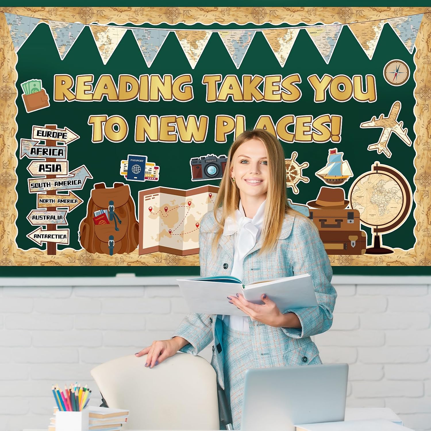 Travel The Map Reading Class Bulletin Board Set Adventure Classroom Decoration Back to School Reading Takes You to New Places Paper Cutouts for School Nursery Chalkboard Wall Door Decor Party Supplies image 5