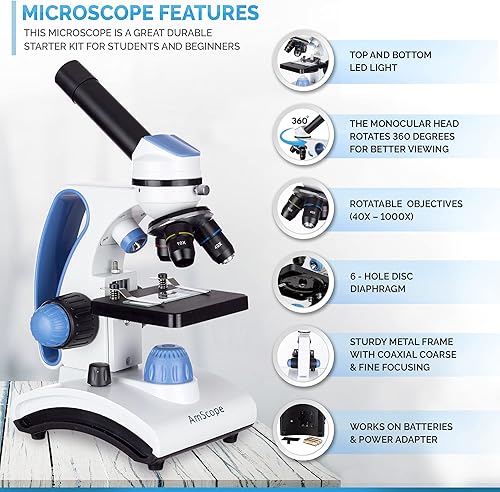 Miniatura 7 de AmScope microscopio para el mejor estudiante de 2016 40X-1000X lente de vidrio óptica con luz doble microscopio para estudiantes con marco de metal
