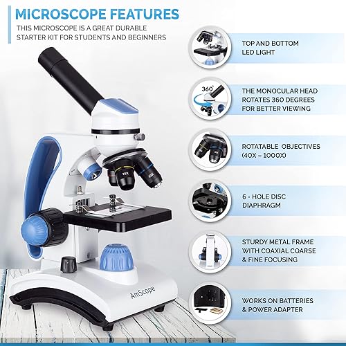 Miniatura 2 de AmScope - Deluxe Student Microscope Set - 40X-1000X Dual Light, Glass Lens, Metal Frame Compound Microscope + Slides + Specimen Preparation Kit +