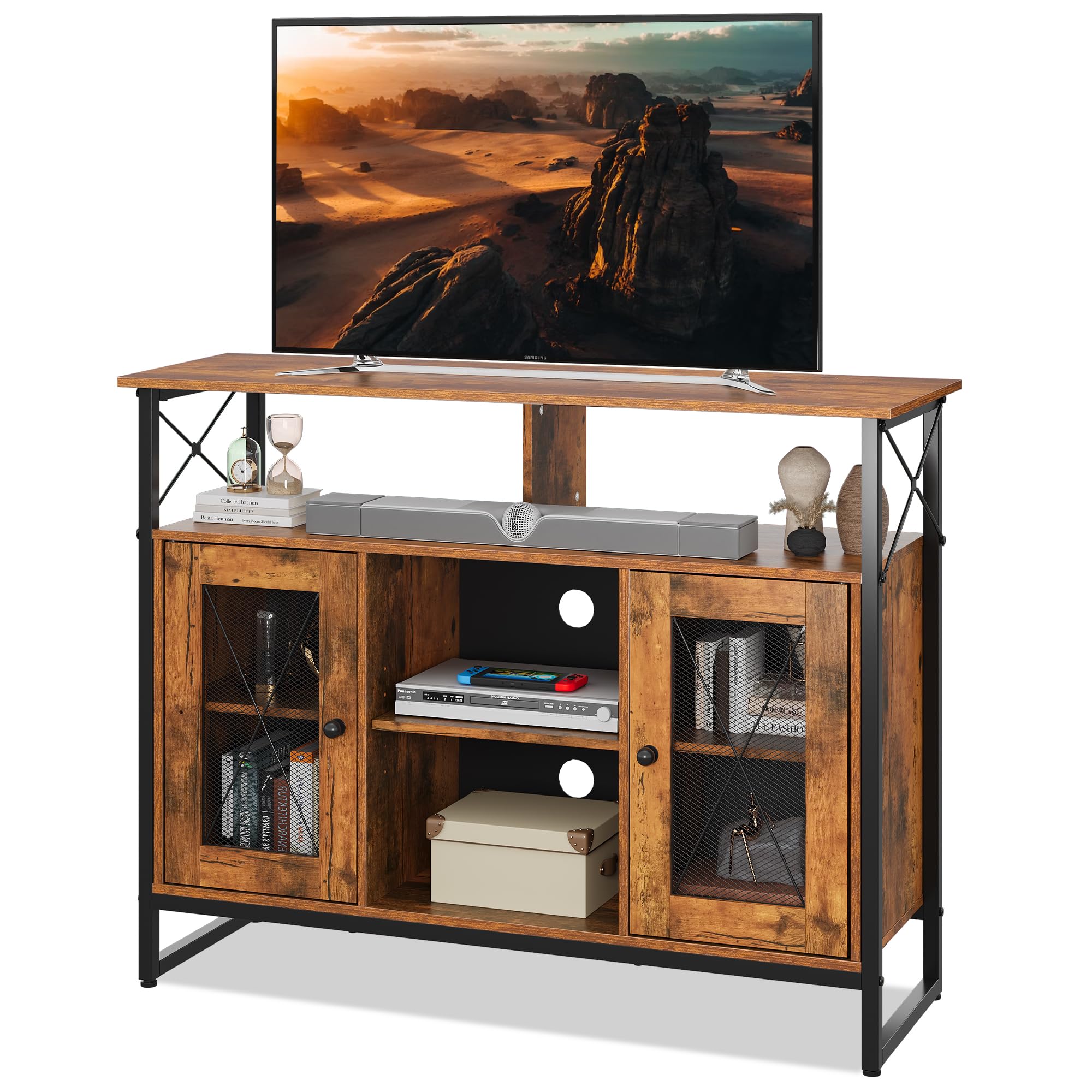 WLIVE TV Stand, TV Unit for 43 Inch TVs, Rustic Brown Tall TV Unit Cabinet 96 x 32 x 77 CM, TV Stand with 2 Doors, Buffet Table, Sideboard, for Living Room, Wooden Industrial TV Console, Rustic Brown — image 1