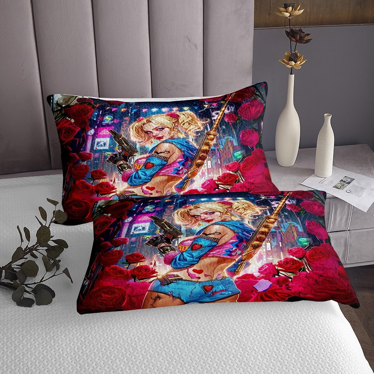 Shooting Games Girl Bedspread Queen Size,Red Rose Flower Bedding Set for Kid Teens Boys Room Decor,Hip Pop Punk Style Modern City View Comforter Set Pink Blue Cool Girls Coverlet Quilt 3Pcs