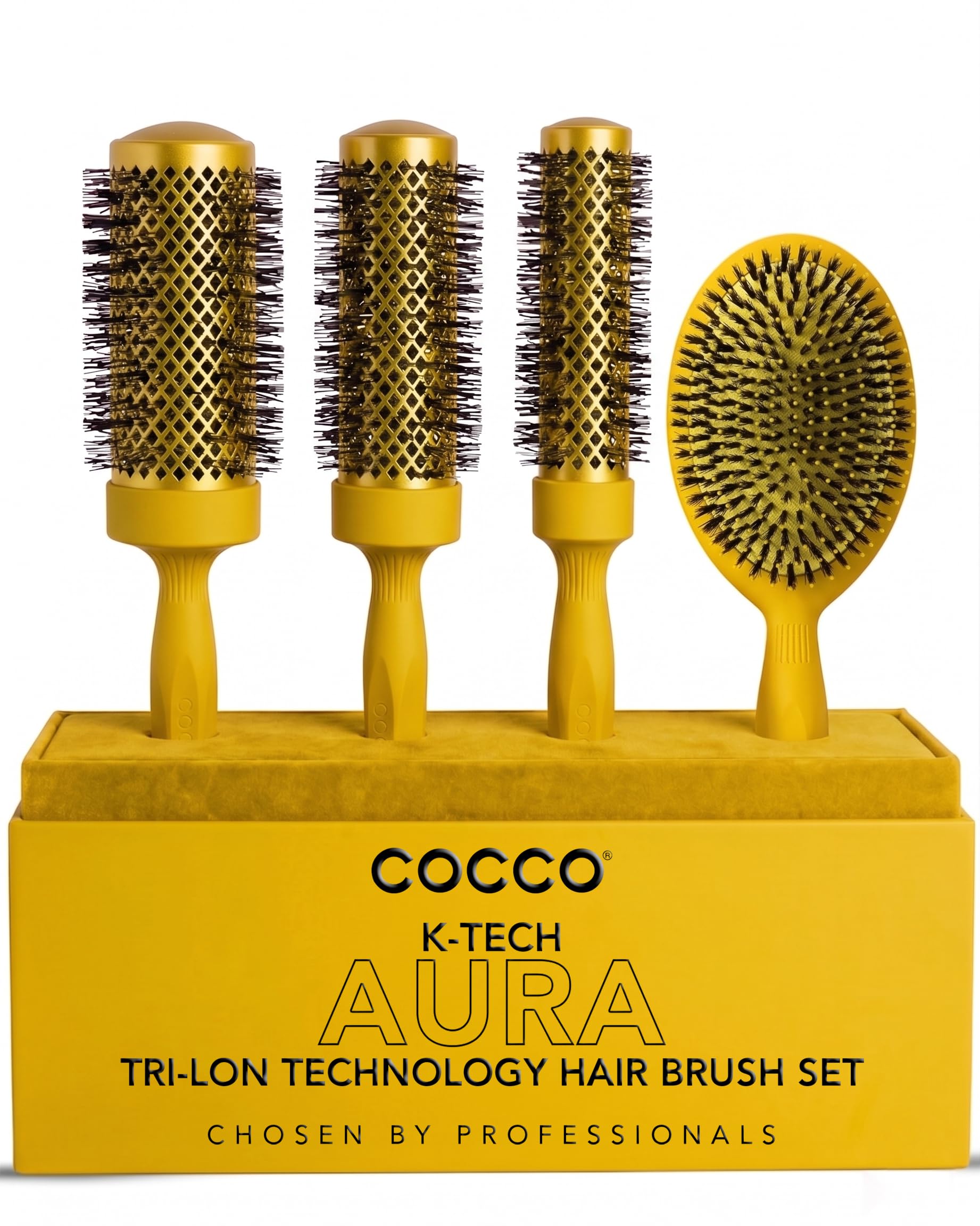 COCCO Aura Brush - Juego de cepillos redondos y de cerámica para mujer, secado y control del encrespamiento, cerdas de turmalina, agarre ergonómico, juego de peinado completo, color amarillo