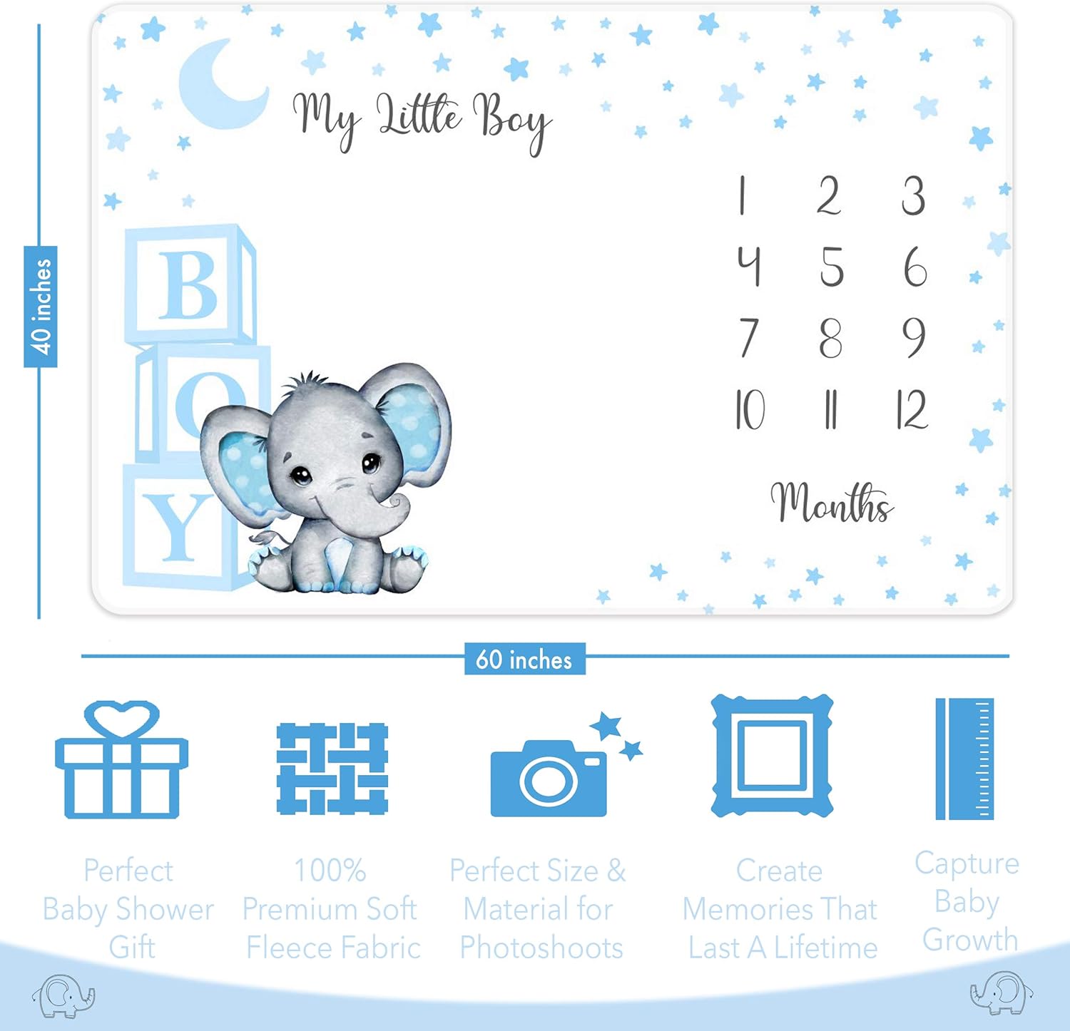 Monthly Milestone Blanket for Boy – Premium Extra Soft Fleece for Baby Shower – Newborn Month Nursery Decor – Capture Growth – with Bib and 2 Frames