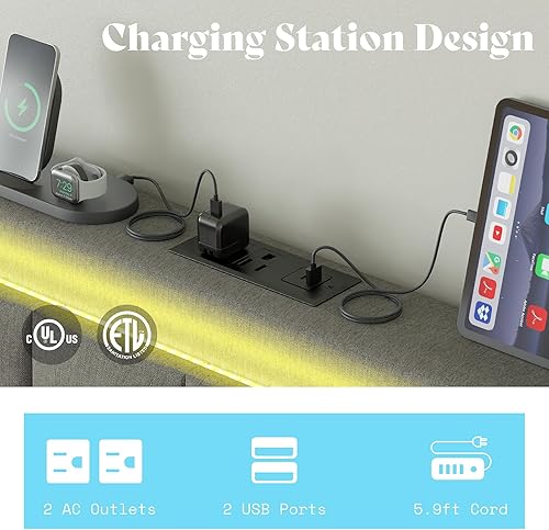 Miniatura 6 de AMERLIFE Base de cama de plataforma capitoné con botones de tamaño matrimonial con luces LED, marco de cama tapizado con estación de carga, soporte