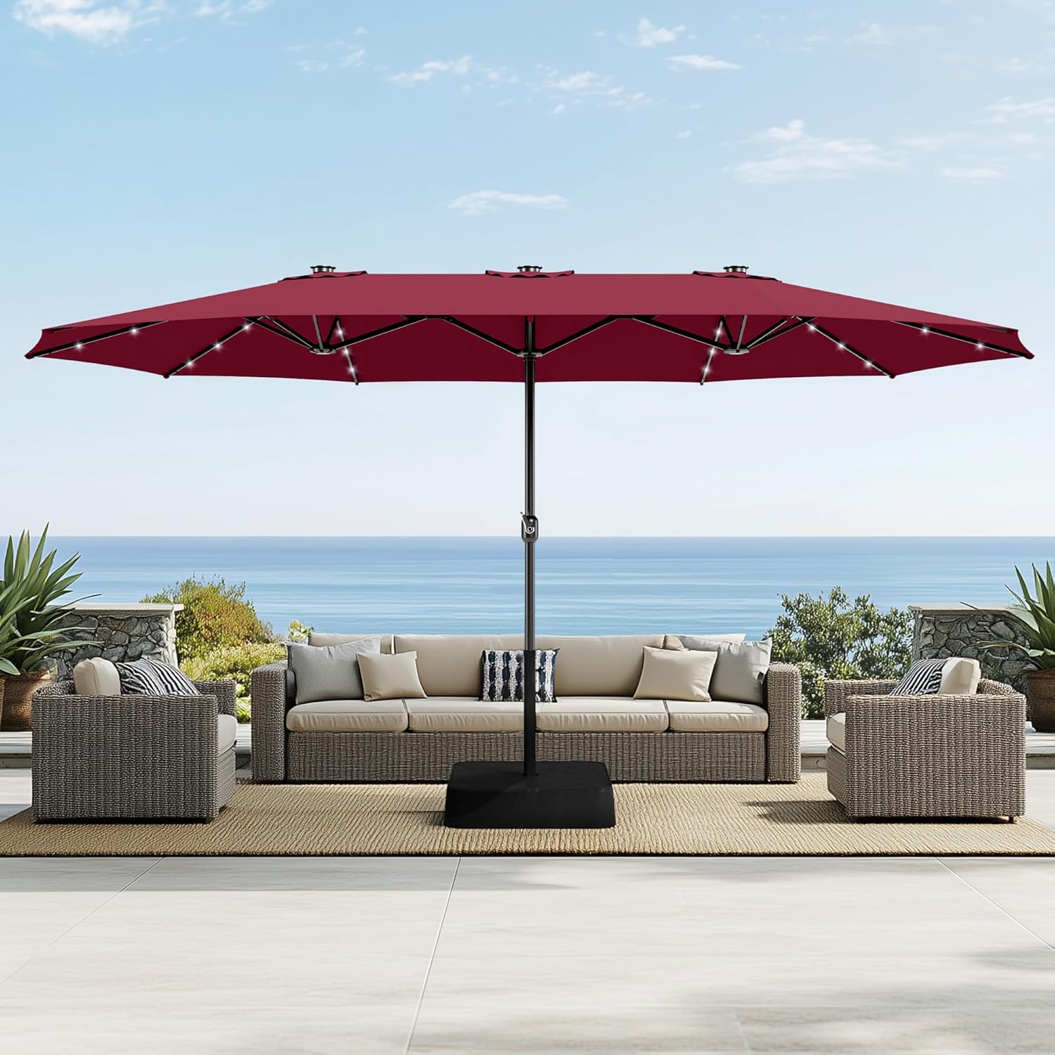 Sophia & William 15 ft Extra Large Patio Umbrella with Solar Lights, Rectangular Outdoor Umbrella with Base Included, Market Umbrella Double-sided Heavy Duty for Pool Garden Backyard, Burgundy