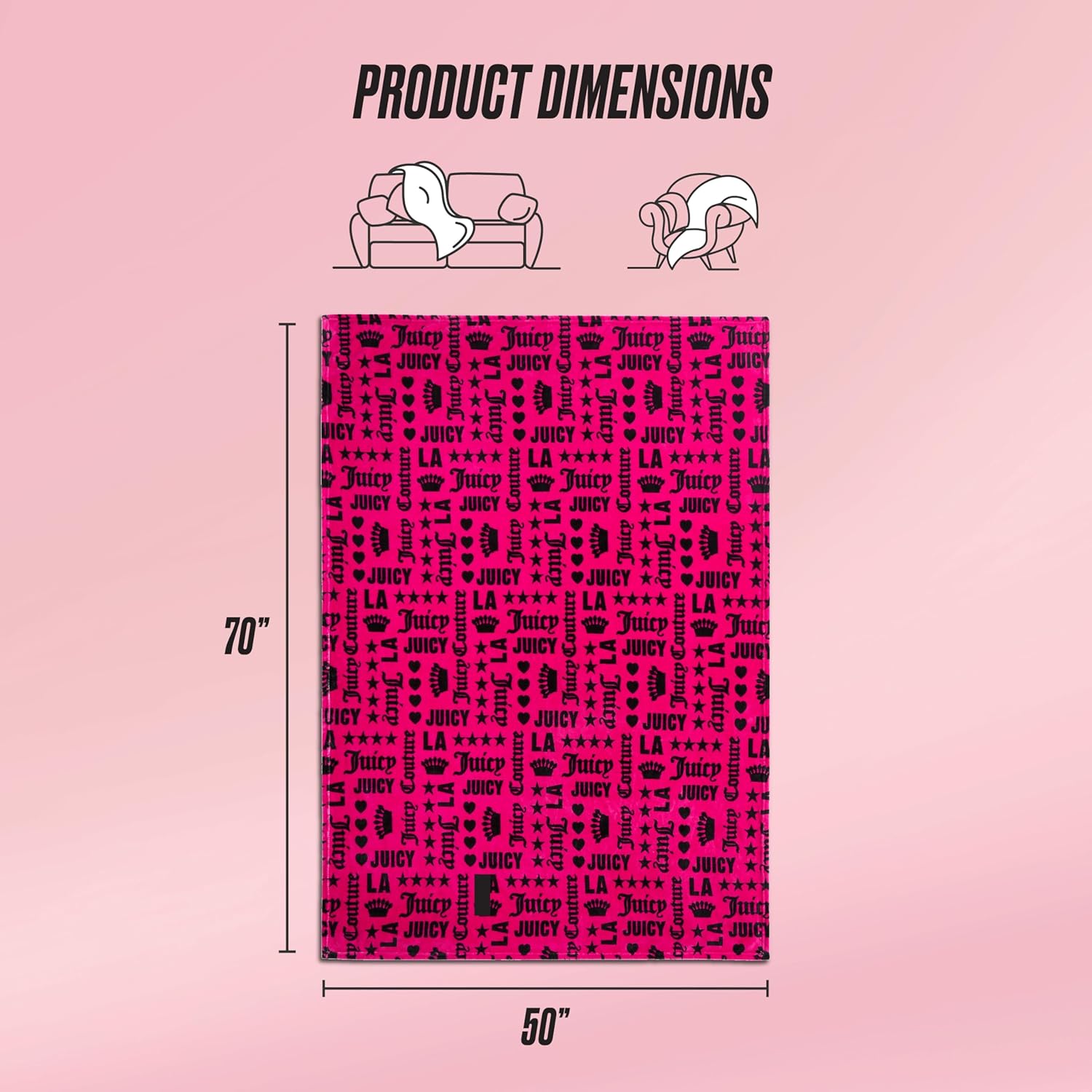 Juicy Couture Luxurious Throw Blanket for Couch - 50” x 70” Inches - Crown Royal Blanket - Plush & Cozy Throw Blanket - Decorative Blankets for Sofas, Throws for Chairs, and Beds – Hot Pink/Black