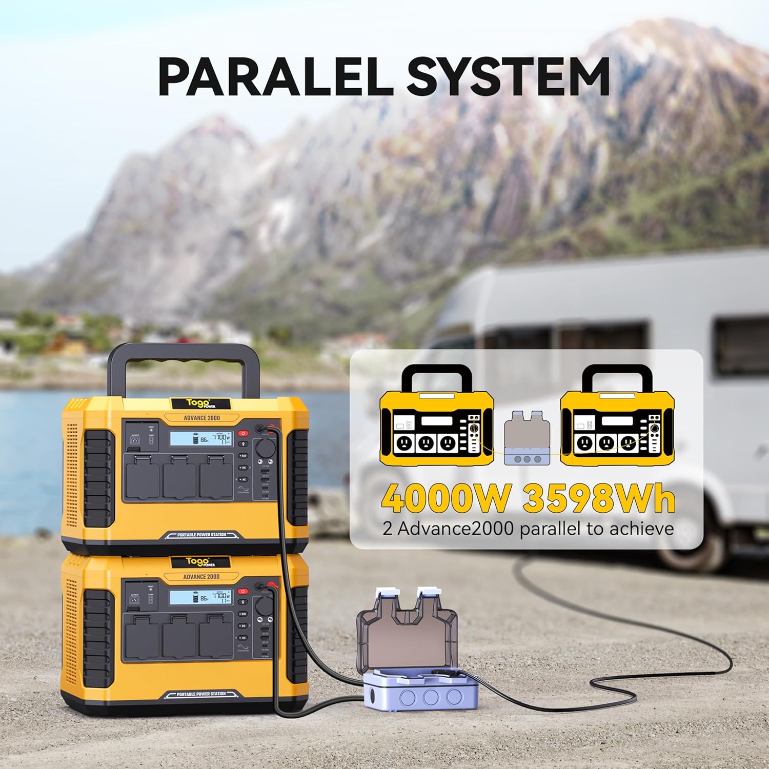 Two Togo POWER A2000 Portable Power Stations connected in parallel for increased capacity and output.