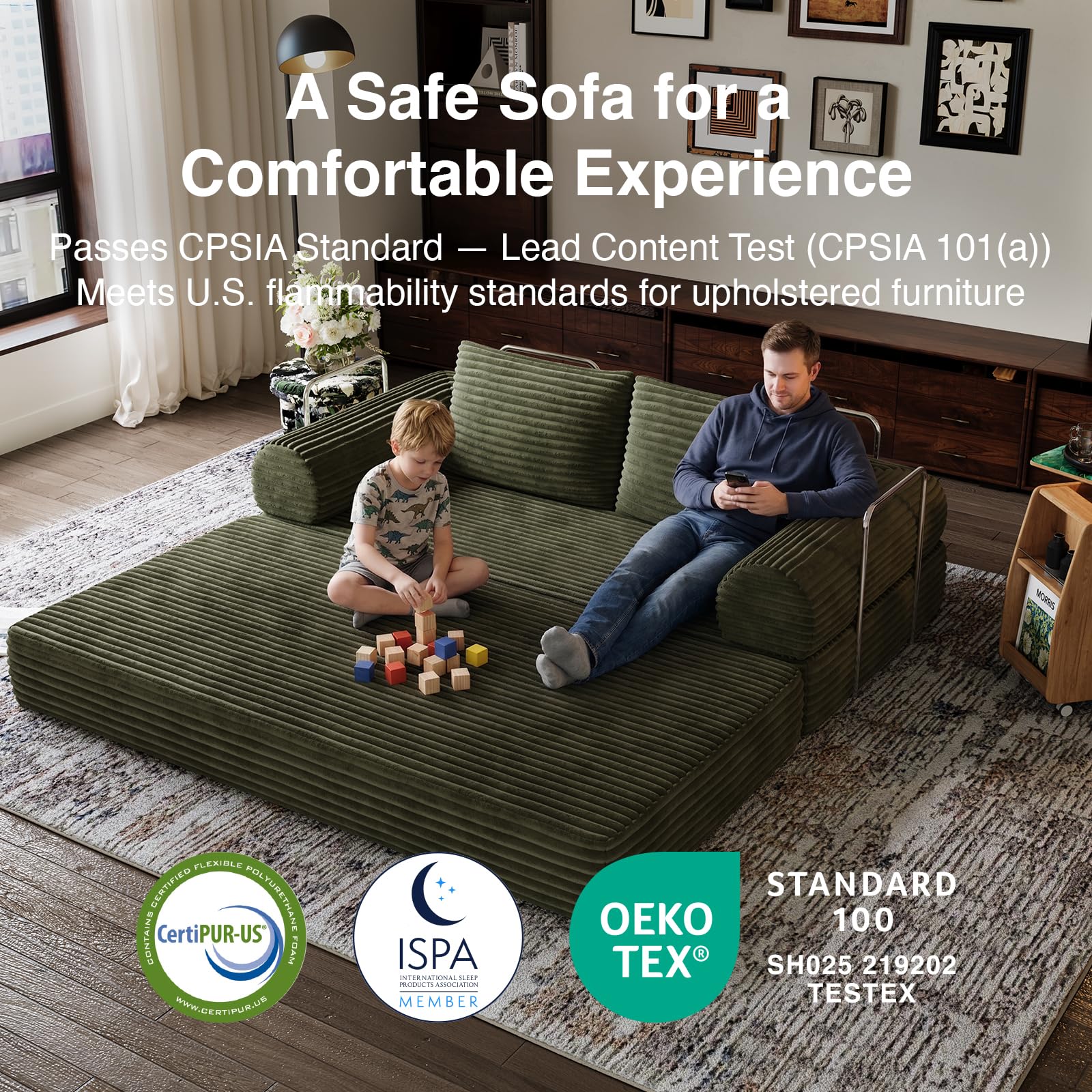 Novilla 75" Convertible Futon Sofa Bed, Boneless Couch with Smarts Coil® Support & High-Density Foam, No Assembly Corduroy Folding Loveseat Floor Sleeper for Living Room, Apartment, Bedroom, Green