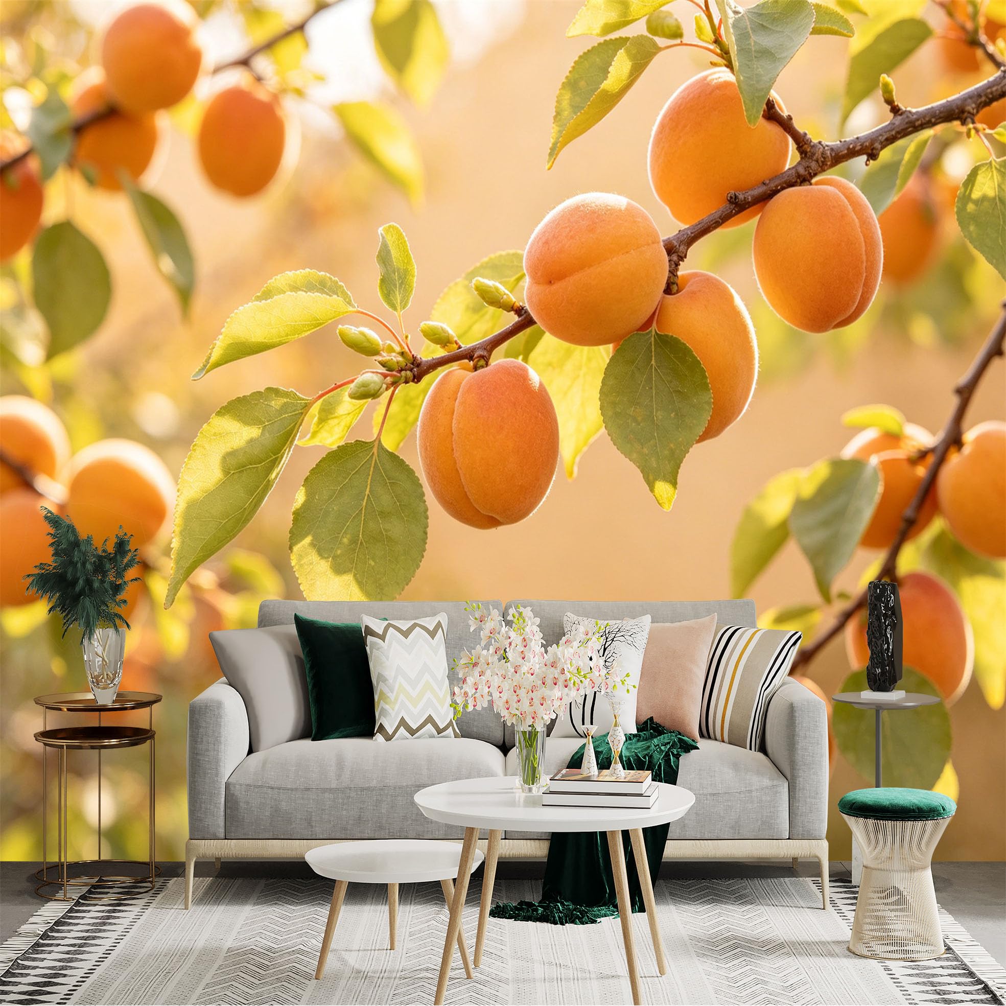 Lnzczhyre Dbh260521014 Custom Size Wall Sticker Mural， Ripe Apricots On Tree Branches， Warm Sunlight Orchard， Fresh Summer Fruit， Rustic Farmhouse Decor， For Wall Decoration， Peelandstick Wall Decals.