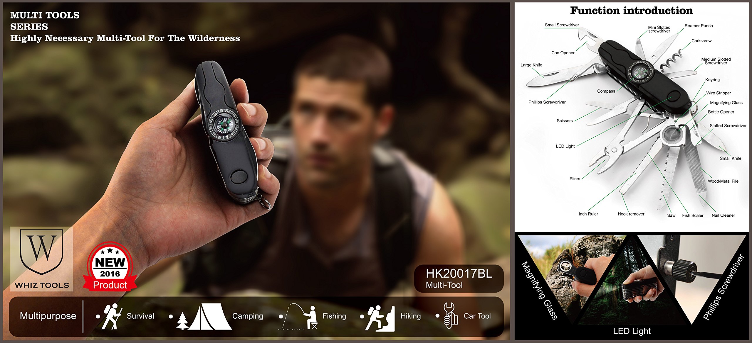 WhizTool Multipurpose Tool 24 in 1,Multi tool for men,Include LED,Compass,Magnifying Glass and others.Ultimate camping multitool LightWeight and Pocket size.