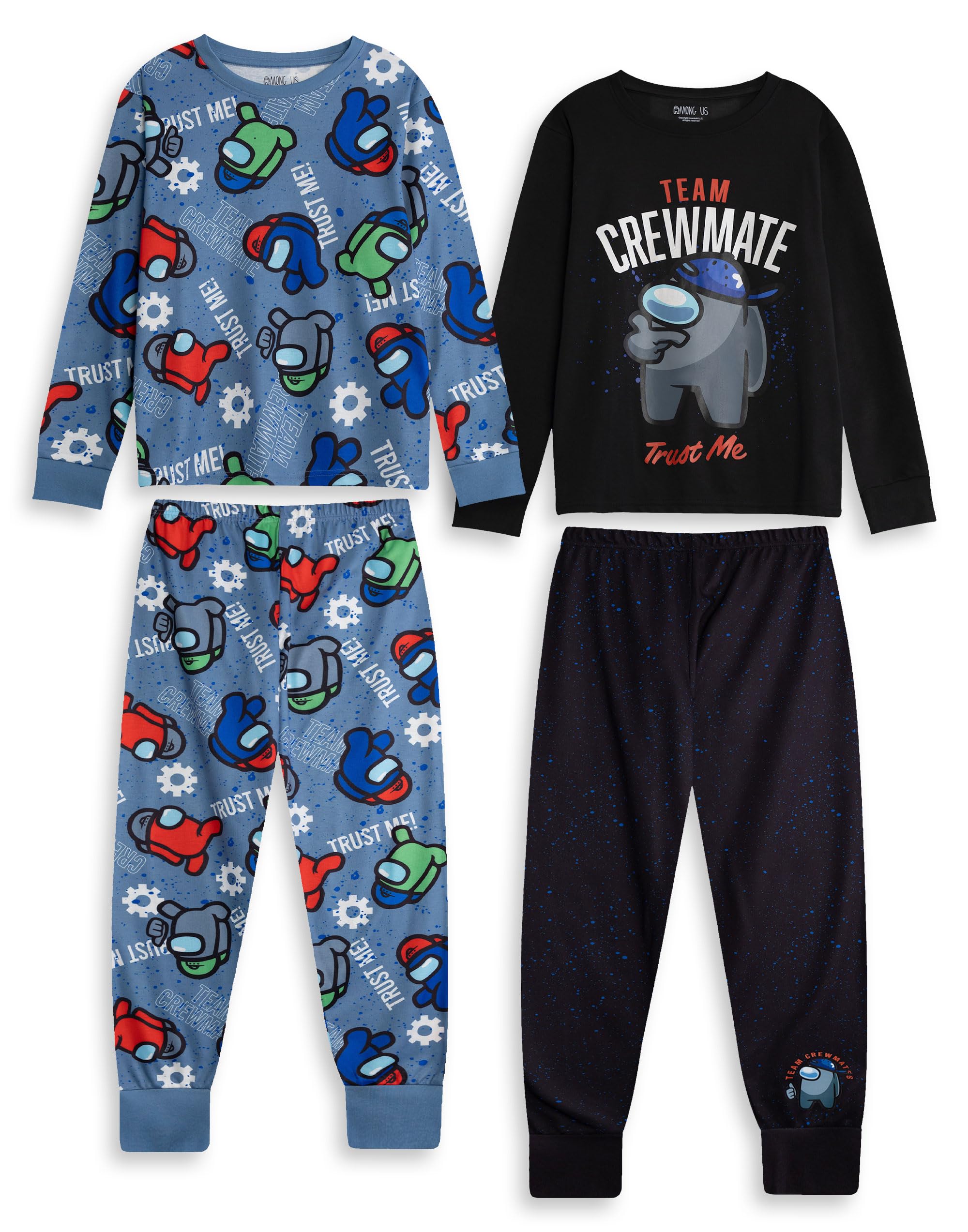 Among Us Crewmates Boys Multi-Pack of 2 Long Sleeve Pyjama Set | TEAM CREWMATE & Trust Me Sleepwear | Black & Blue Nightwear for Kids | Gaming Merchandise Merch - 7-8 Years