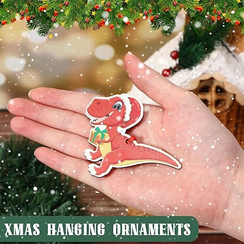 Miniatura 6 de Remerry 48 piezas de adorno de dinosaurio de Navidad para árbol de Navidad, adorno colgante de dinosaurio de madera, decoraciones de dinosaurio de