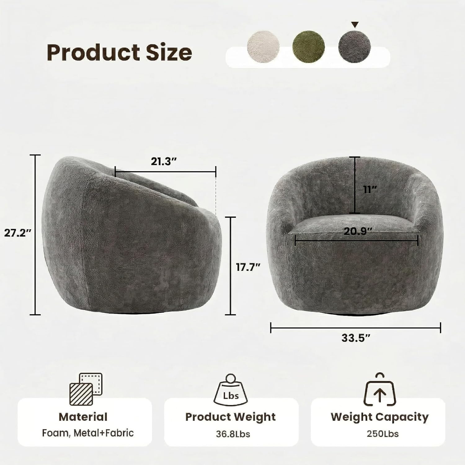 COSIEST Gray Swivel Chair, Boucle Swivel Accent Chair for Living Room, Oversized Swivel Chair with 360° Base, Cozy Round Swivel Barrel Chair