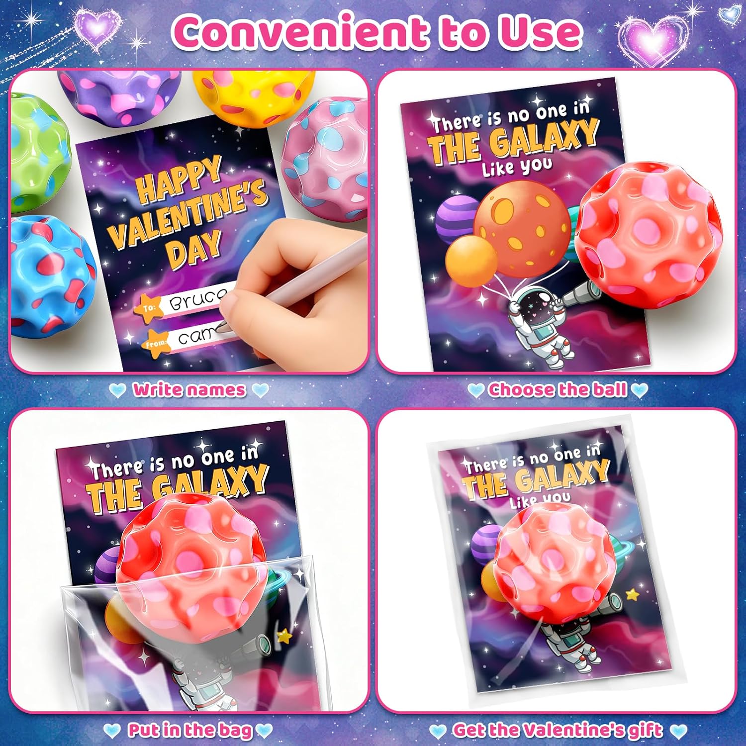 Jyusmile Valentines Day Cards for Kids School - 30 Packs Moon Bouncy Balls, Valentines Day Gifts for Kids, Valentine Party Favors for Classroom Prize Exchange, Goodies Bag Stuffers for Boys Girls