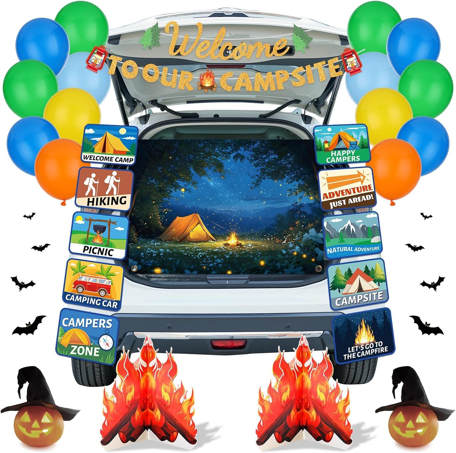 31 Pcs Halloween Trunk or Treat Car Decorations Kits Camping Party Photo Backdrop Camp Sign Campfire Cutouts Balloons Banner Decor for SUV Halloween Party Car Garage Door Entryway Campsite Decors