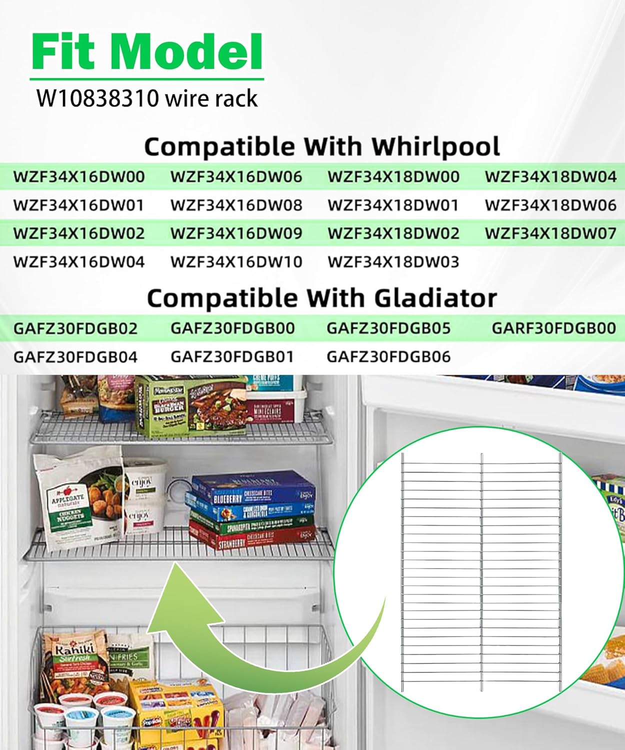 W10838310 Refrigerator Freezer Shelf Wire Fits For Whirlpool Upright Freezer WZF34X16DW00 WZF34X16DW08 GAFZ30FDGB00, 4363360 Freezer Shelf Rack Replaces AP5988763 W10581578 W11187306 PS11727968