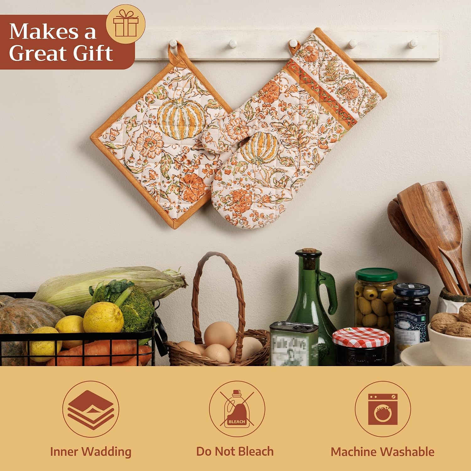Maison d' Hermine 100% Cotton Oven Mitt & Pot Holder Set (7.5"x13" & 8"x8")