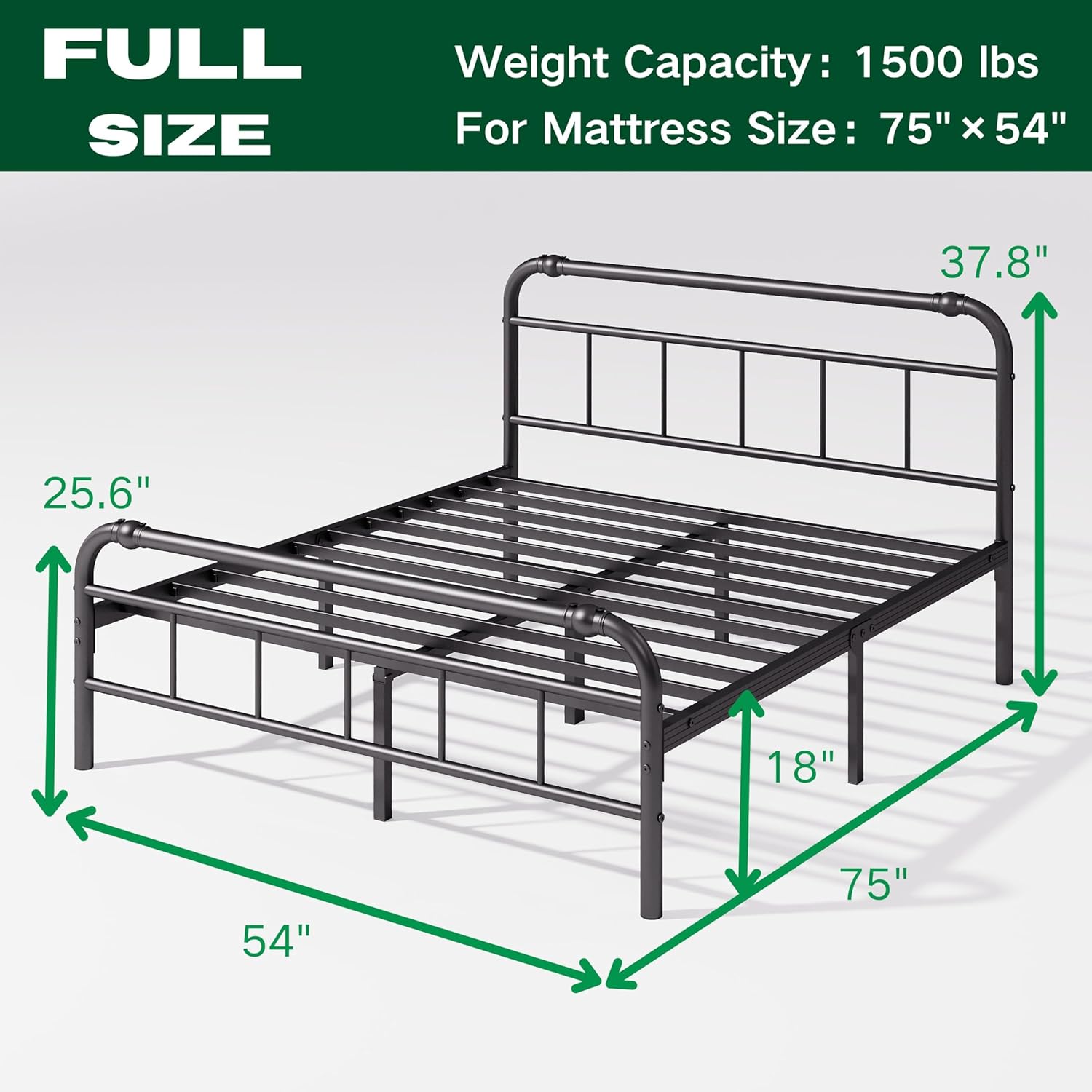 Diagram showing the full dimensions of the bed frame
