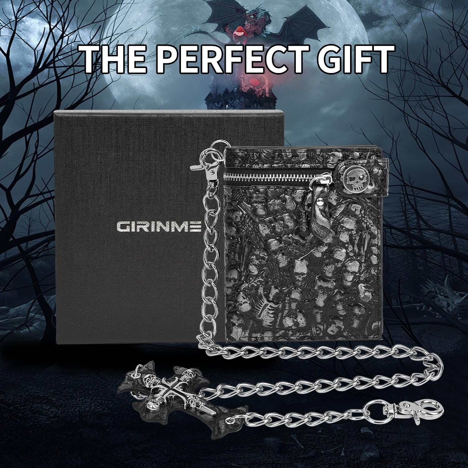 Unisex Gothic Punk Skull Chain Wallet - Bifold Faux Leather, Halloween Goth Accessories - Silver - Image 2