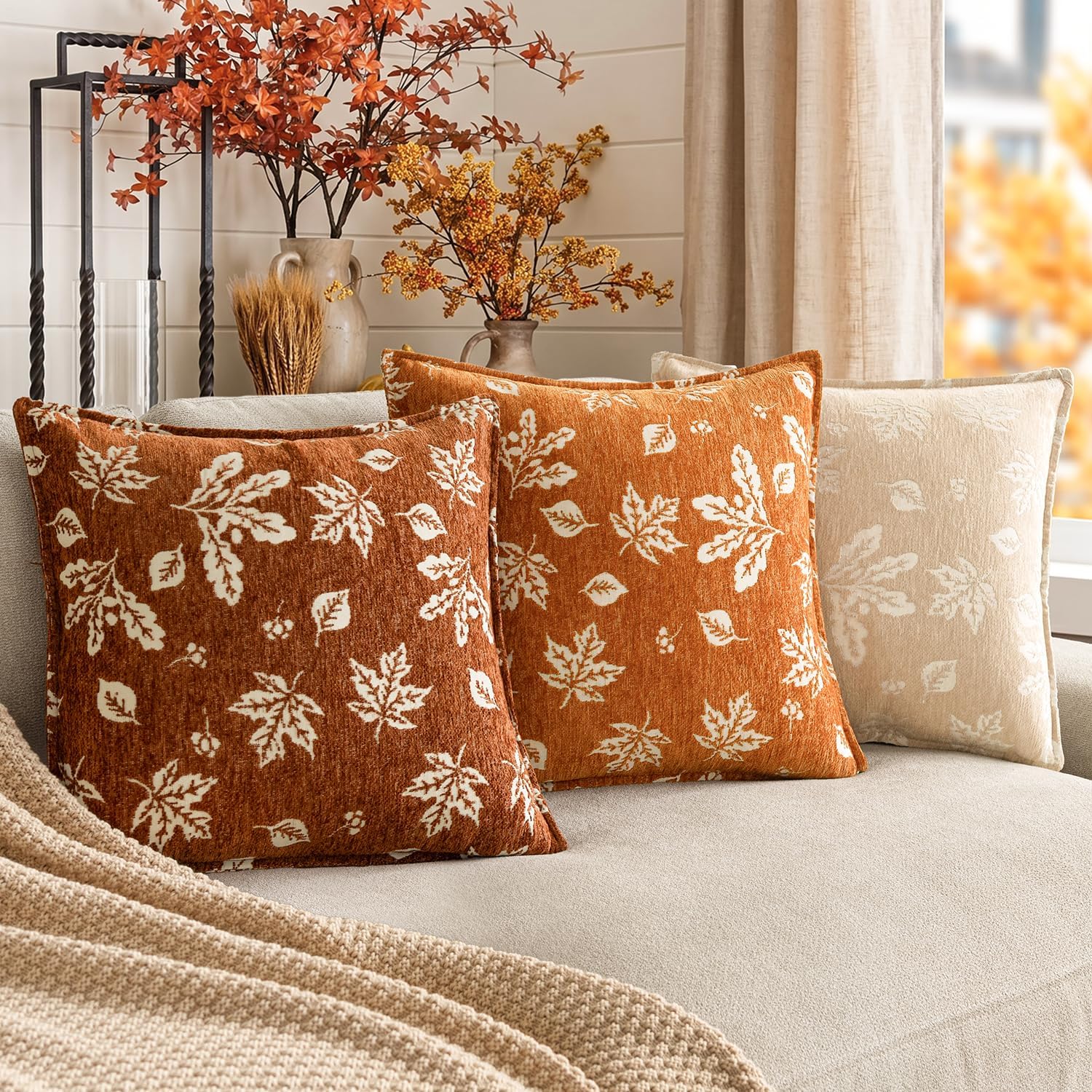 Foindtower Pack of 2 Decorative Fall Chenille Jacquard Throw Pillow Covers Textured Modern Farmhouse Cushion Cover Accent Autumn Home Decor for Sofa Chair Couch Bed Living Room,18×18 Inch,Rust Orange