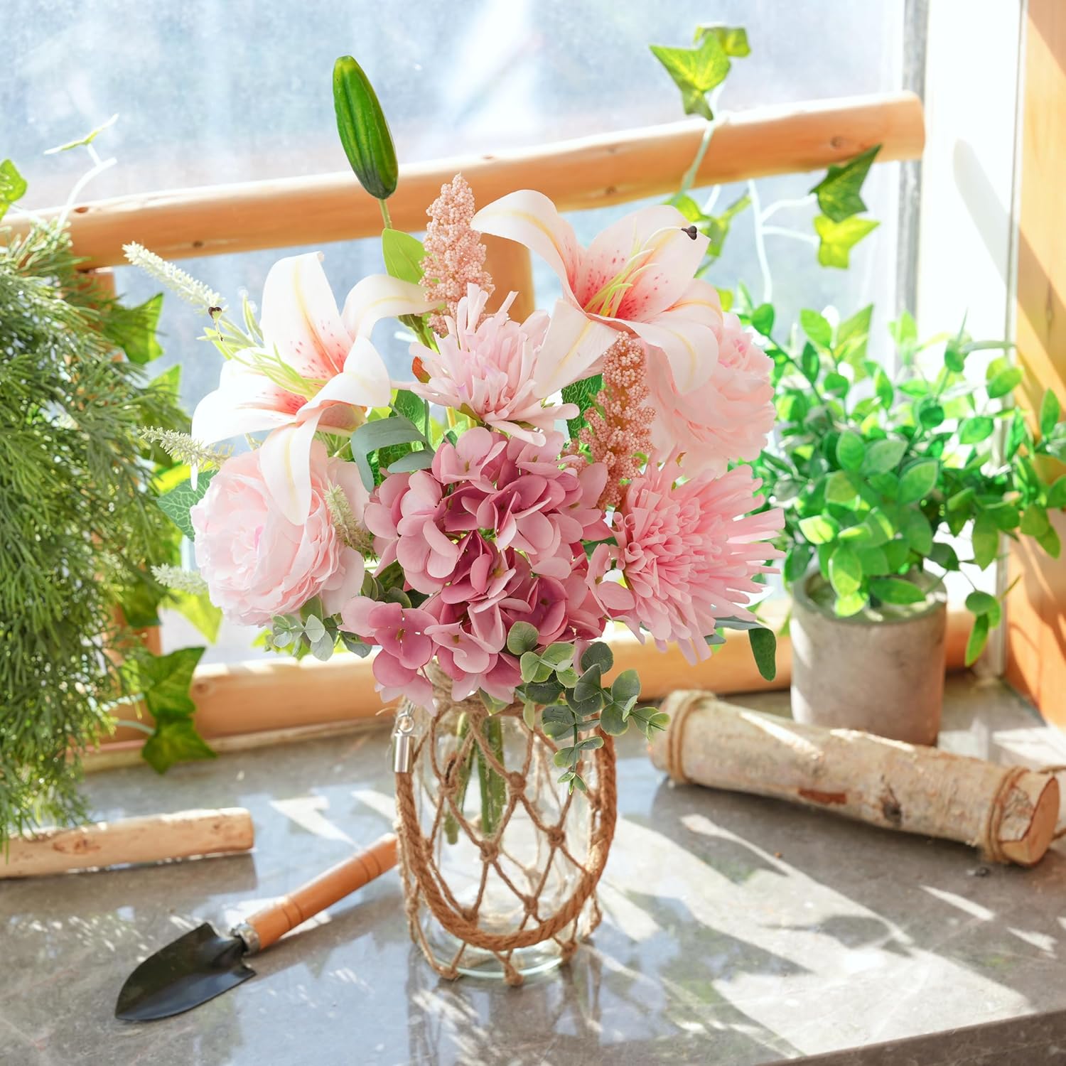 LUEUR Fake Flowers with Vase –Hydrangea & Lily Artificial Floral Arrangement, Perfect for Mother’s Day & Spring Gifts, Tabletop Centerpiece for Coffee Table, Dining Room & Farmhouse Home Decor