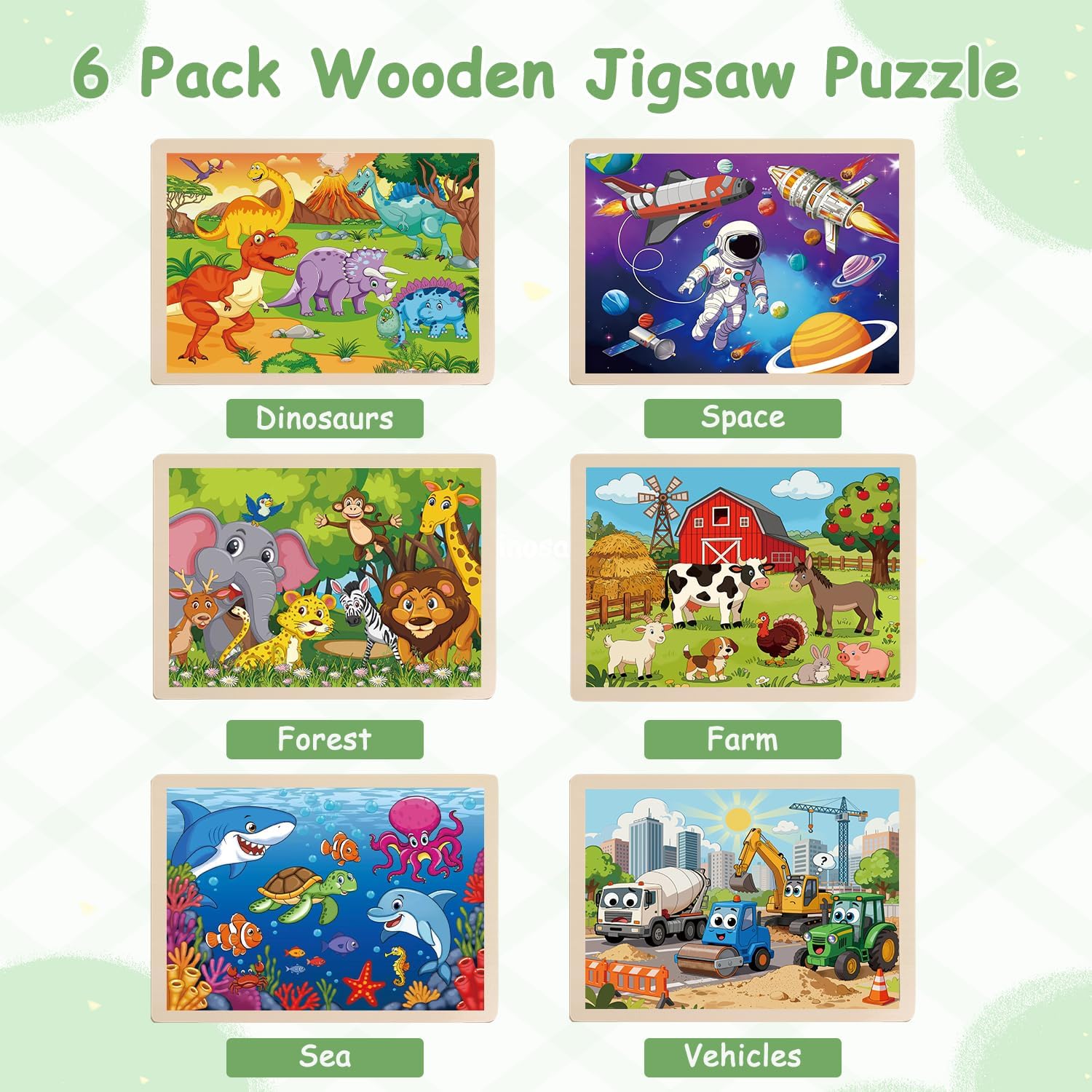 Wooden Puzzles for Kids Ages 4-8, 6 Pack 60 Piece Jigsaw Puzzle Set, Preschool Educational Brain Teaser Toys with Animals Dinosaur Space & Vehicles, Educational Toys for Boys and Girls