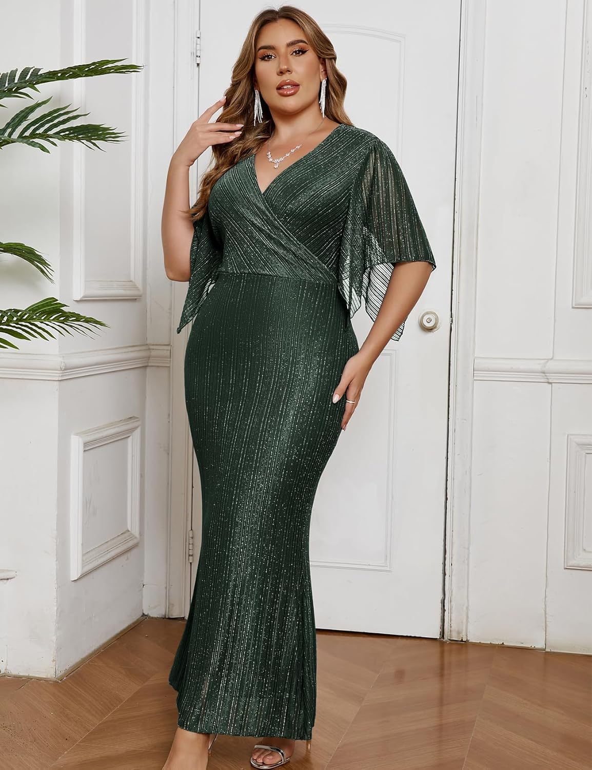 ZOMVA Plus Size Maxi Formal Dress Sparkly V-Neck Mermaid Wrap Evening Gown Cocktail Prom Glitter Handkerchief Sleeves - Image 3