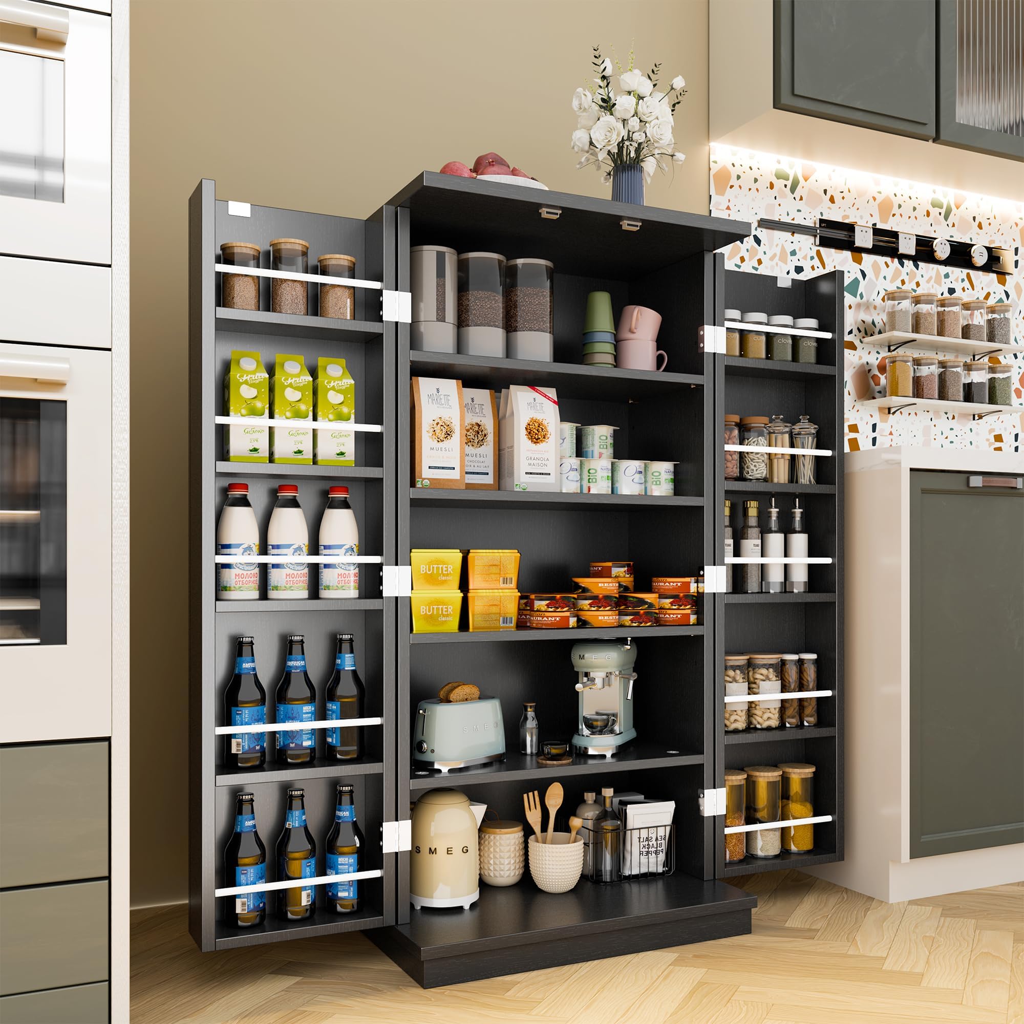 SUNLEI Freestanding Wooden Dresser, Black Food Storage Cabinets with Door and Adjustable Shelves, 47" Kitchen Pantry Cabinet for Kitchen, Dining Room, Living Room and Bedroom