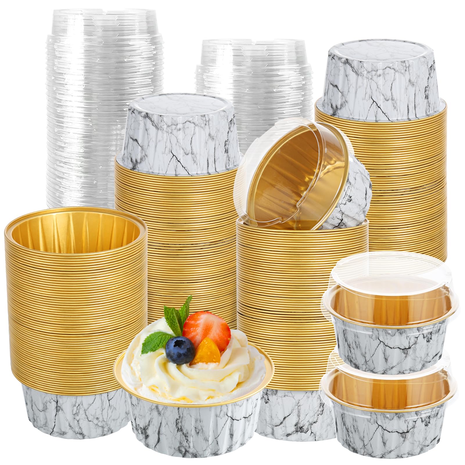 200Pcs Round Aluminum Baking Cake Pans with Clear Plastic Lids, Foil Pie Tin Tart Pans Disposable Ramekins Browni Baking Cups Dessert Cups for Wedding Birthday Party,5oz White Lines