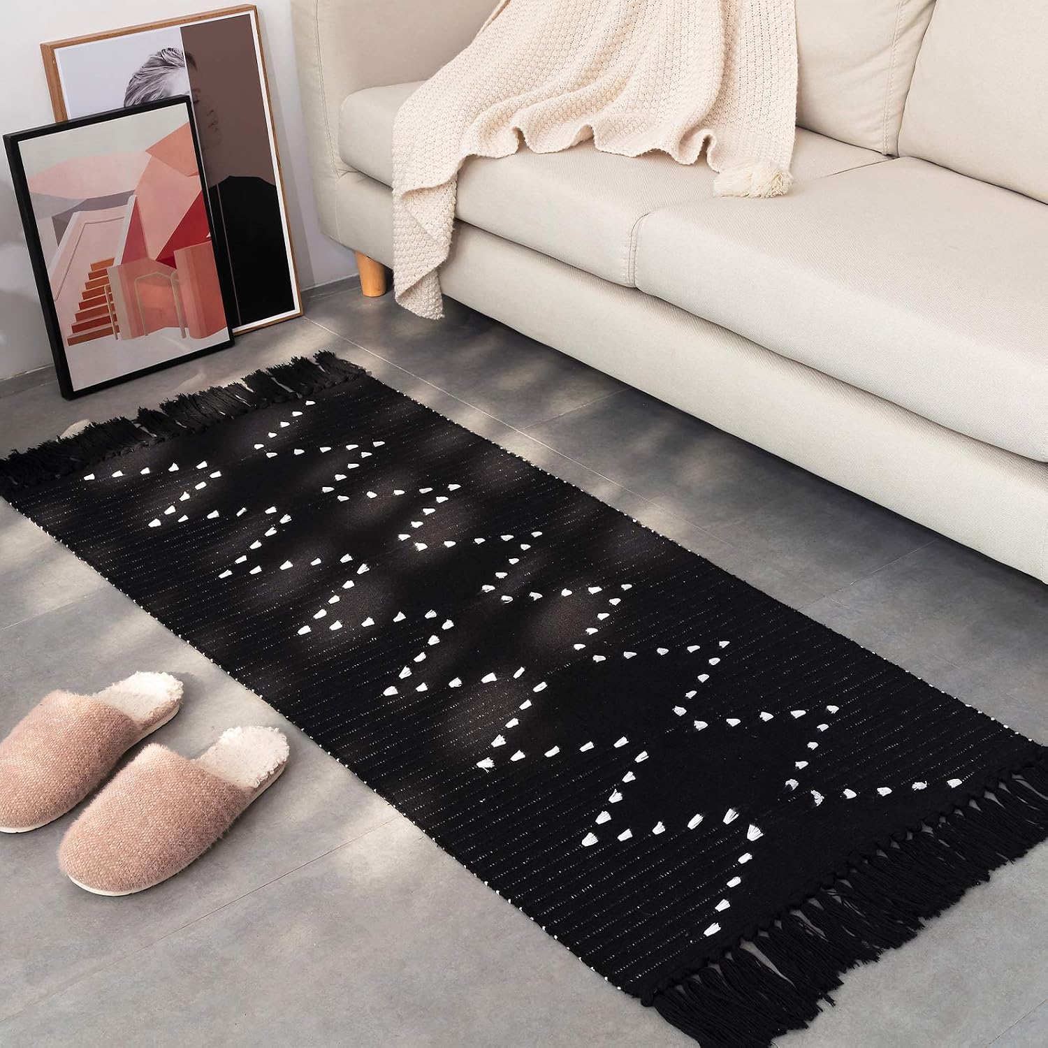 Black Boho Kitchen Rug Runner Cotton Woven, Washable Bathroom Bedroom Flatweave Moroccan Small Rug with Tassel, Accent Neutral Farmhouse Carpet for Entryway Door Mat, 2'x4.3'